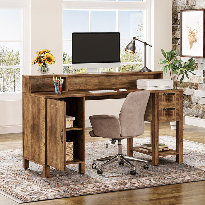 55" Executive Desk, Farmhouse Computer Desk with Hutch and Cabinet Tribesigns