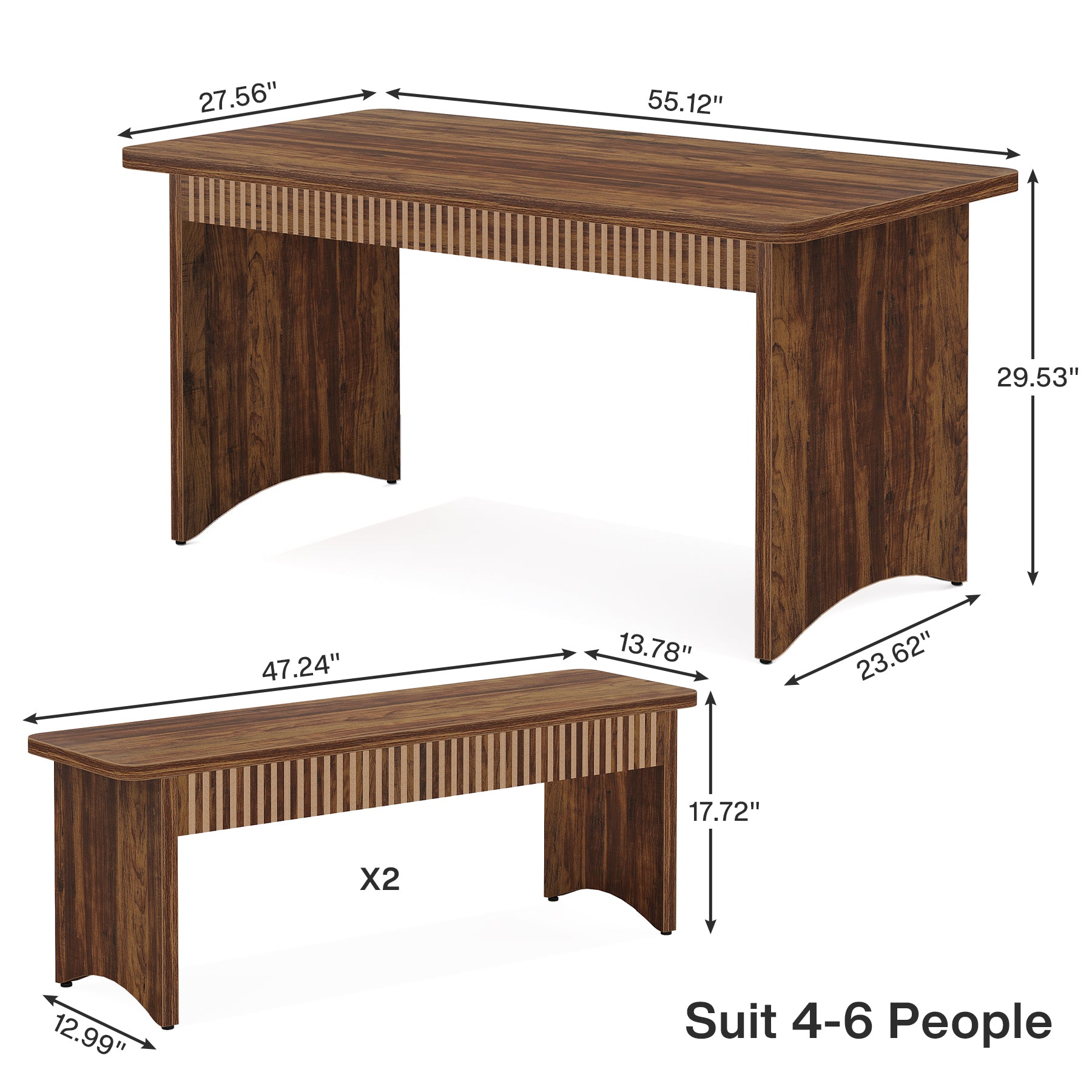 55" Kitchen Table with 2 Benches, 3-Piece Dining Table Set for 4-6 People