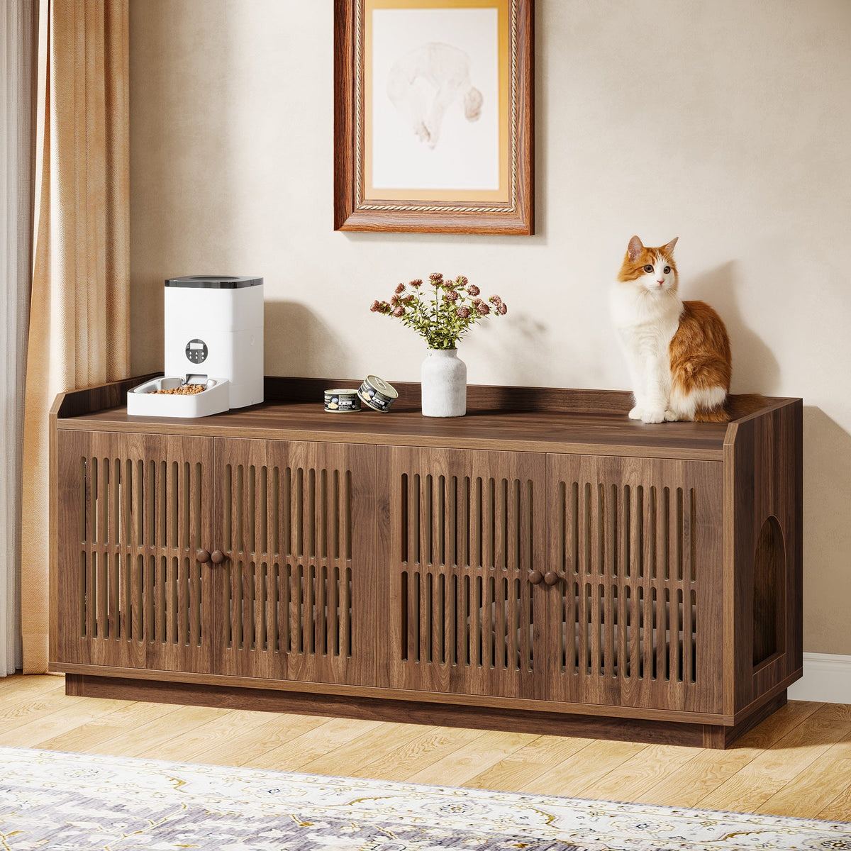 55" Litter Box Furniture, Cat Litter Box Enclosure with 2 Cabinets and Side Entrance, Rustic Brown