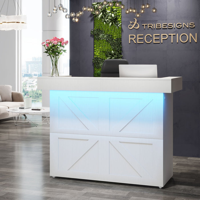 55" Reception Desk, Modern Counter Table Front Desk with LED Lights Tribesigns