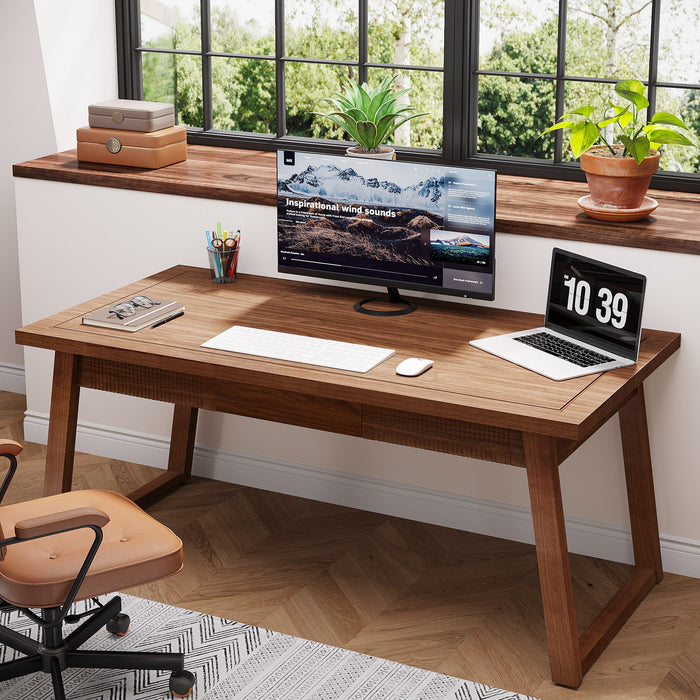 55" Wood Computer Desk, Mid - Century Modern Study Writing Table with Drawer Tribesigns