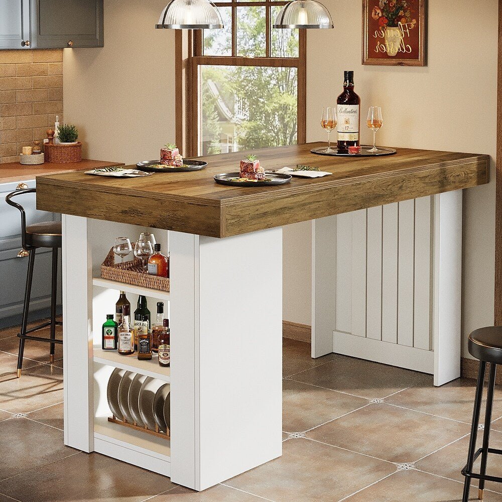 55" Bar Table, Farmhouse Counter Height Table with 3-Tier Storage Shelves