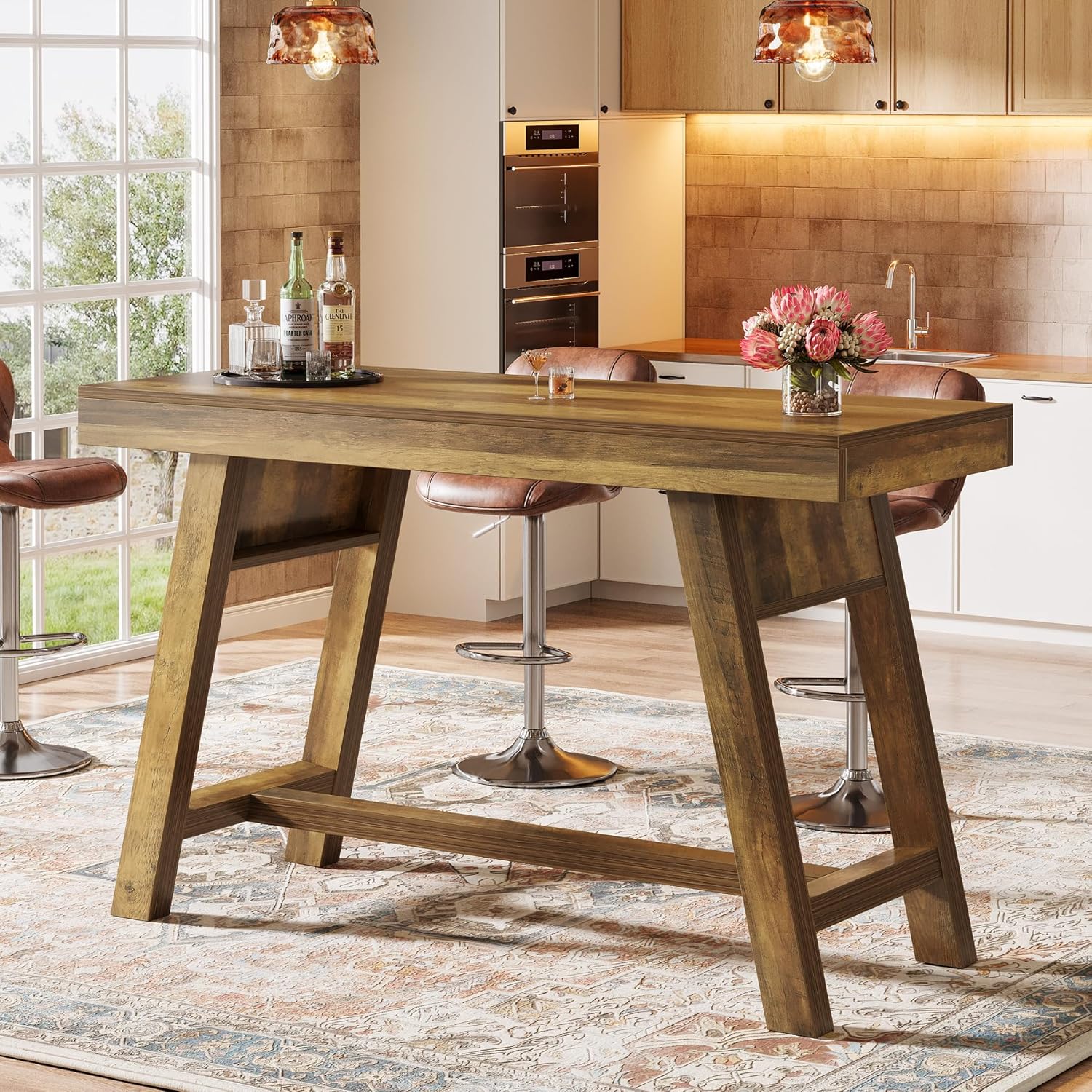 55.1" Bar Table, Vintage Counter Height Pub Table Home Bar Unit