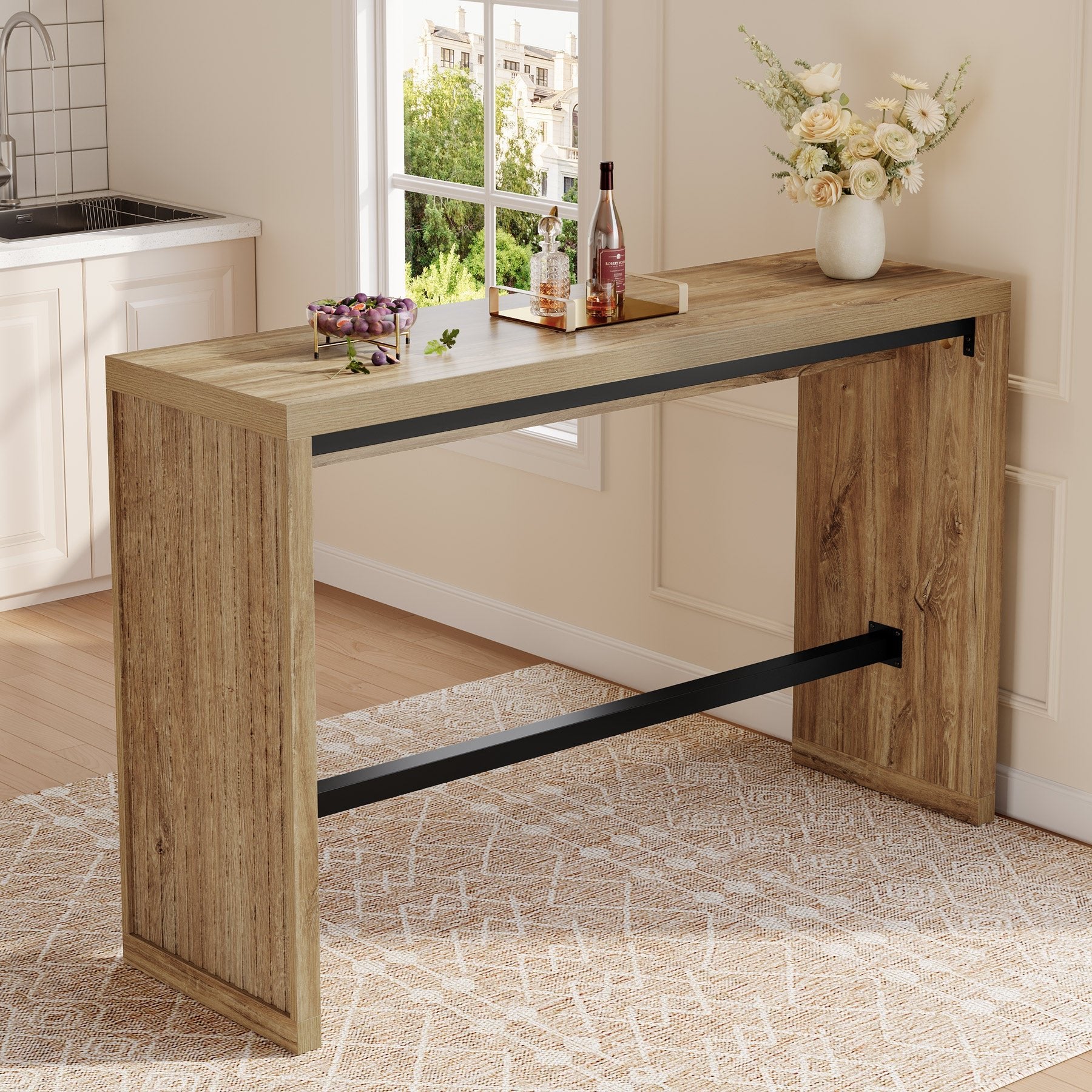 55" Bar Table, Rectangular Counter Height Pub Table with Metal Footrest - Thumbnail 2