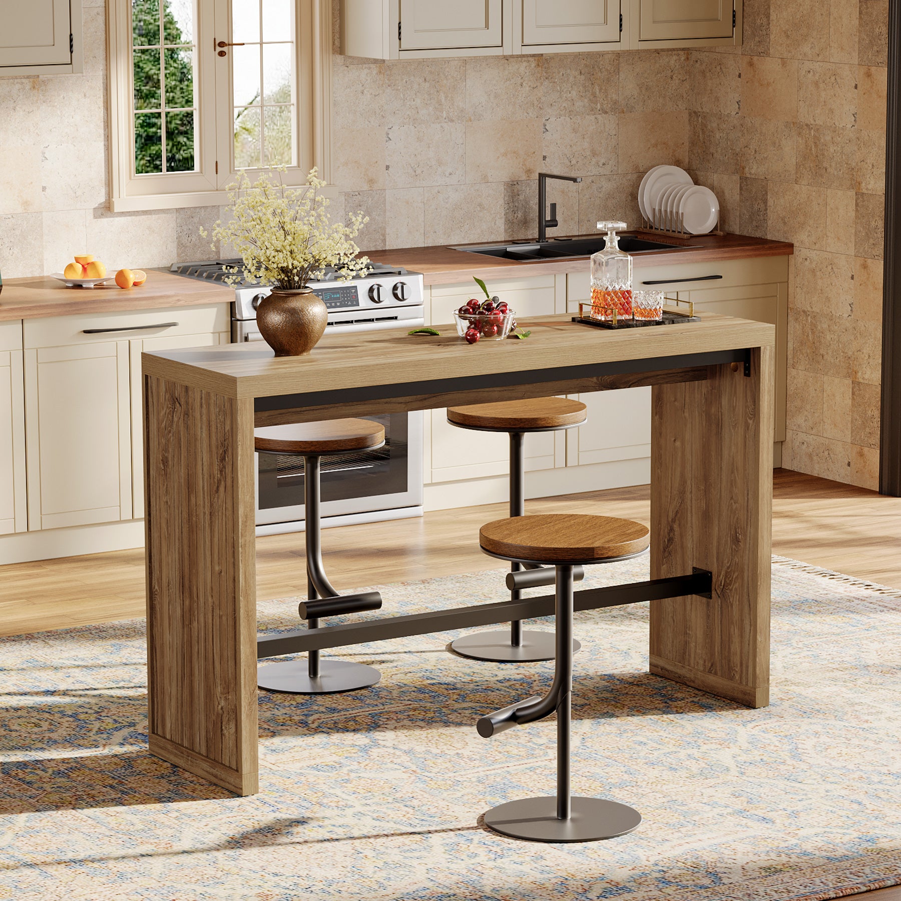 55" Bar Table, Rectangular Counter Height Pub Table with Metal Footrest - Thumbnail 4