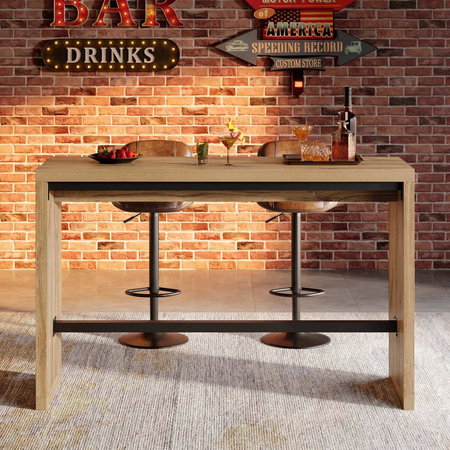55" Bar Table, Rectangular Counter Height Pub Table with Metal Footrest