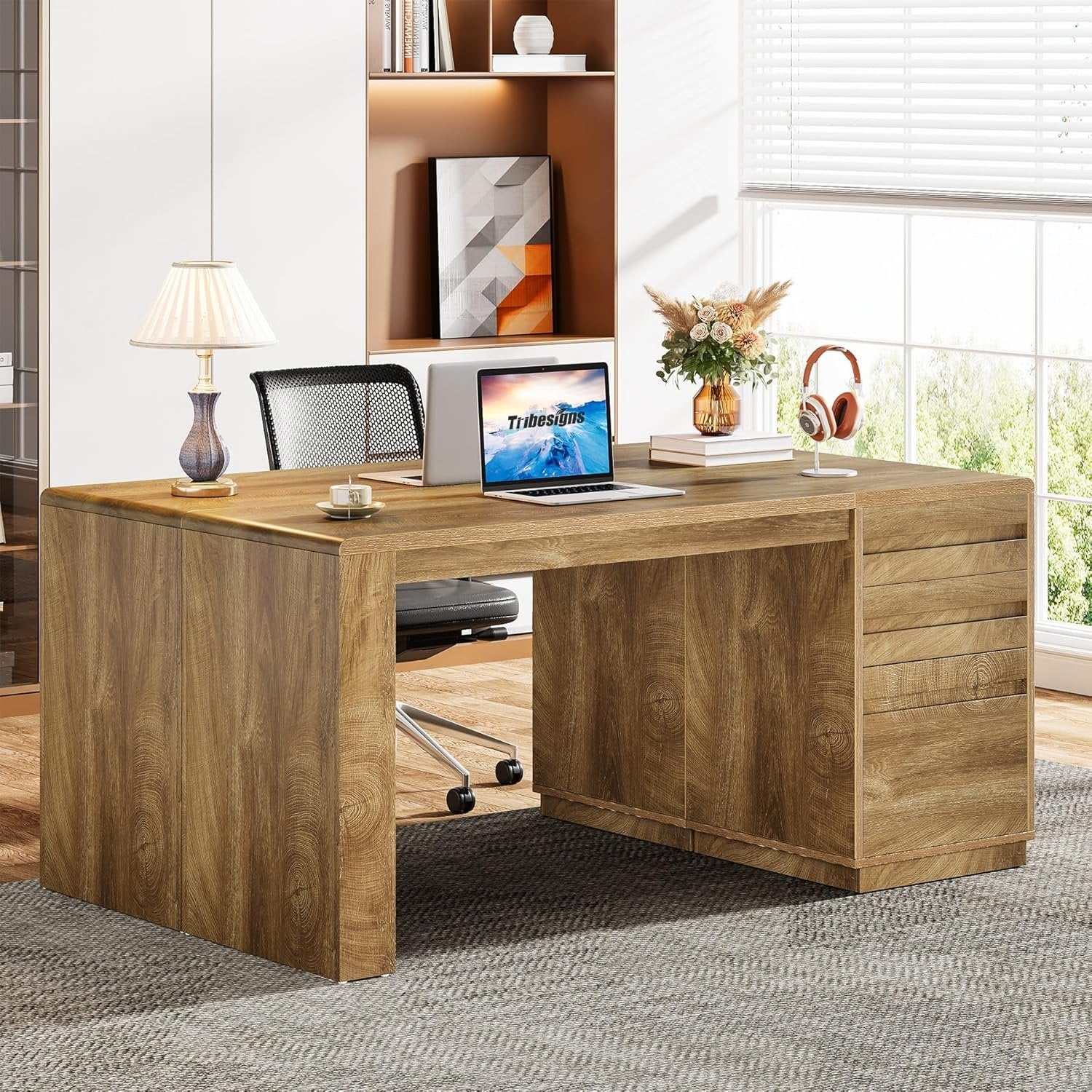 55" Computer Desk, Farmhouse Executive Desk with 3 Drawers Storage Cabinet