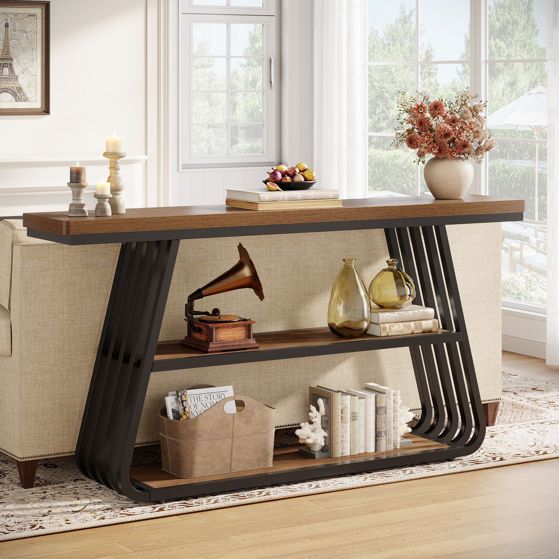 55" Console Table, 3-Tier Sofa Table With Iron Frame For Living Room