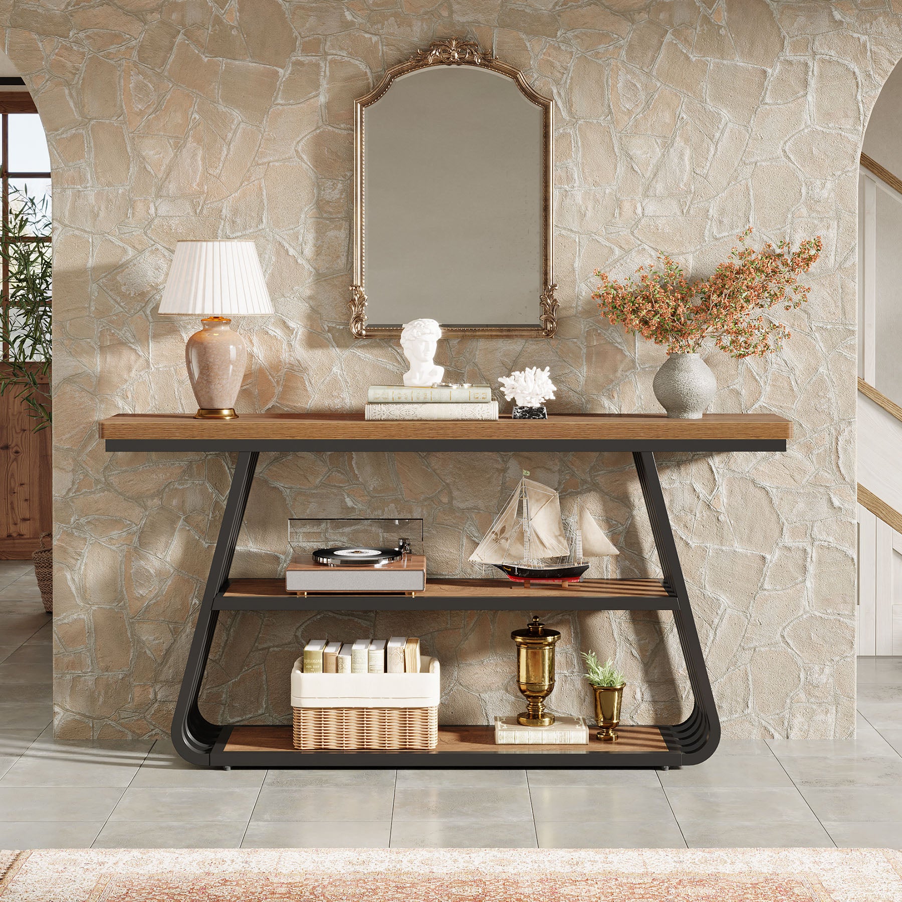 55" Console Table, 3-Tier Sofa Table With Iron Frame For Living Room