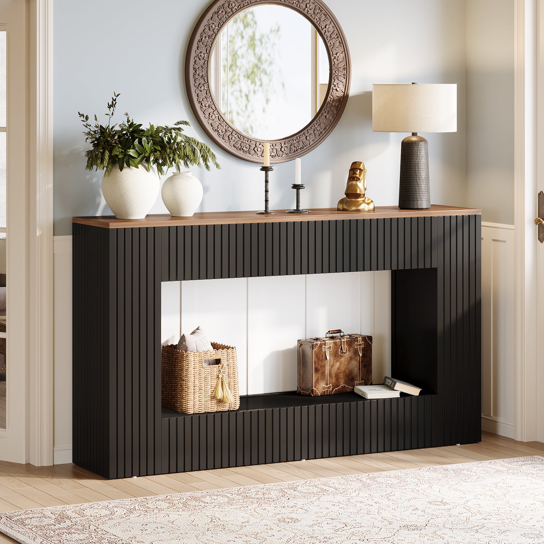 55" Console Table, Wood Entryway Table Sofa Table with Storage