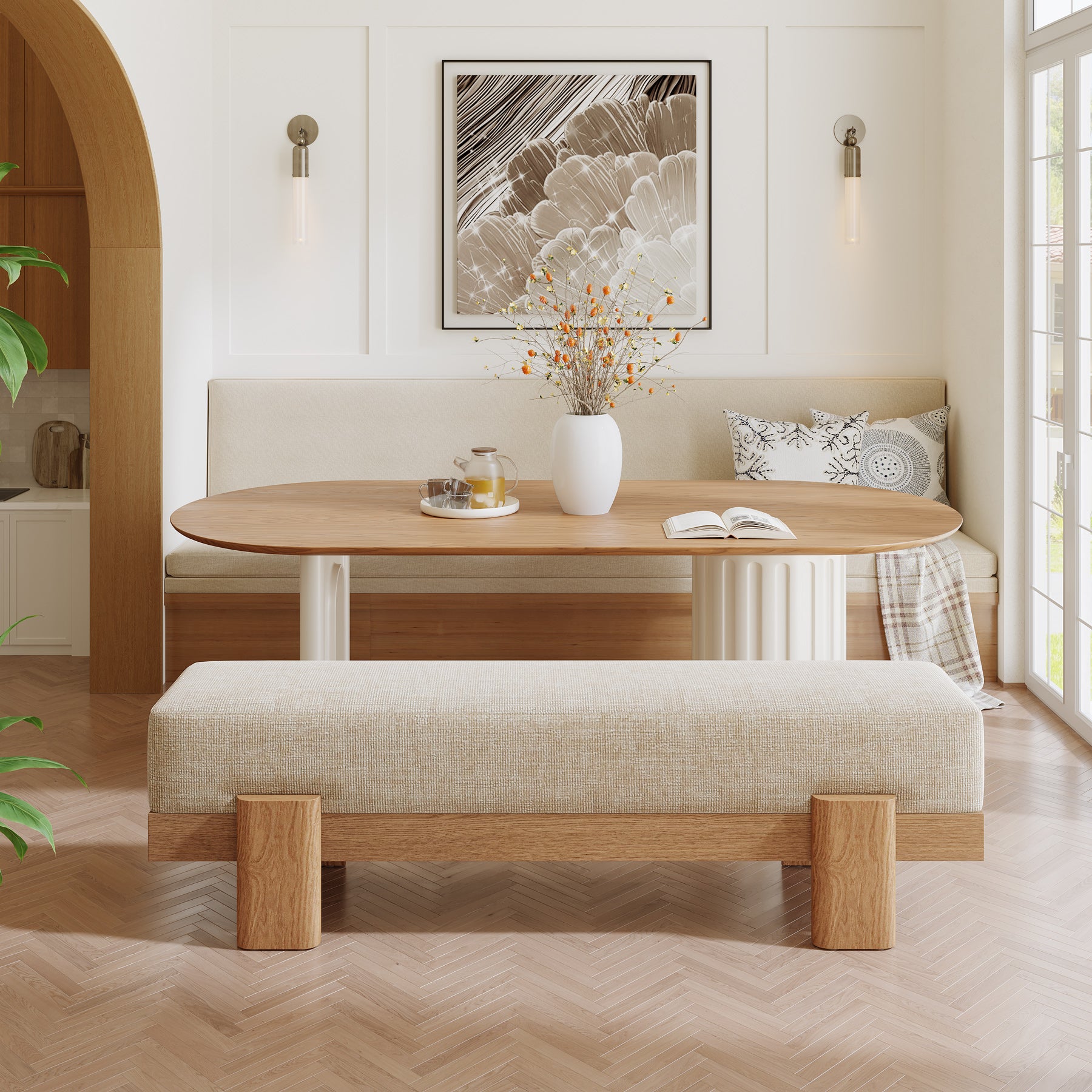 55" Dining Bench, Modern Upholstered Kitchen Benches with Fabric Padded Seat