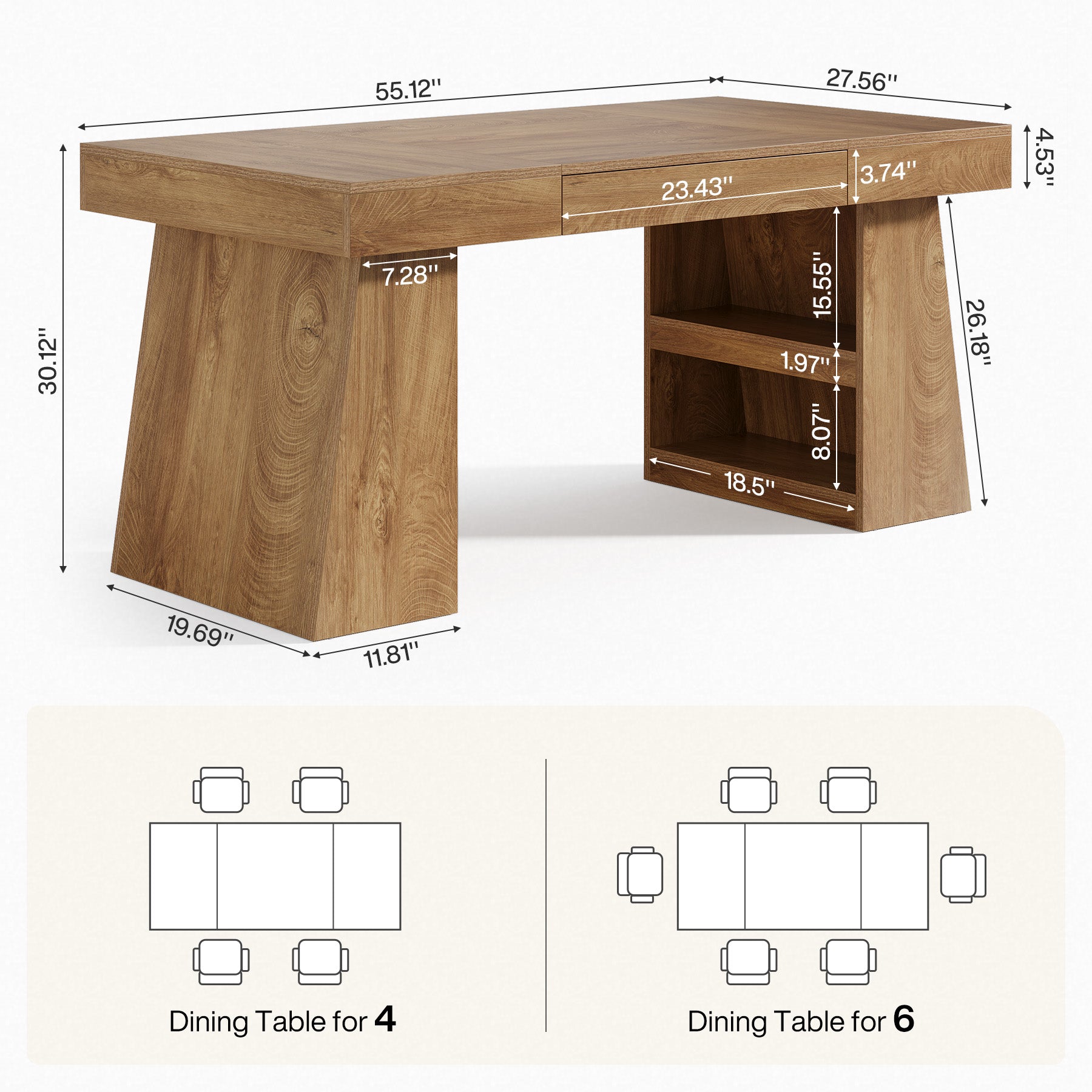 55" Dining Table, Wooden Kitchen Dinner Table with Storage Drawer for 4-6 People