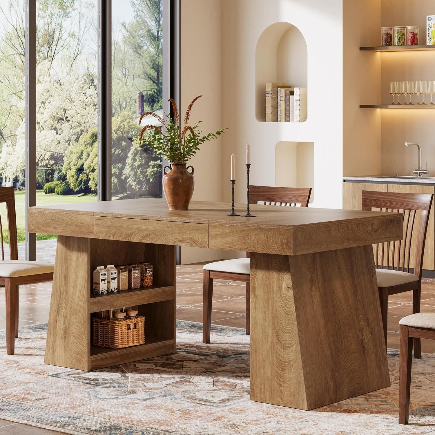 55" Dining Table, Wooden Kitchen Dinner Table with Storage Drawer for 4-6 People