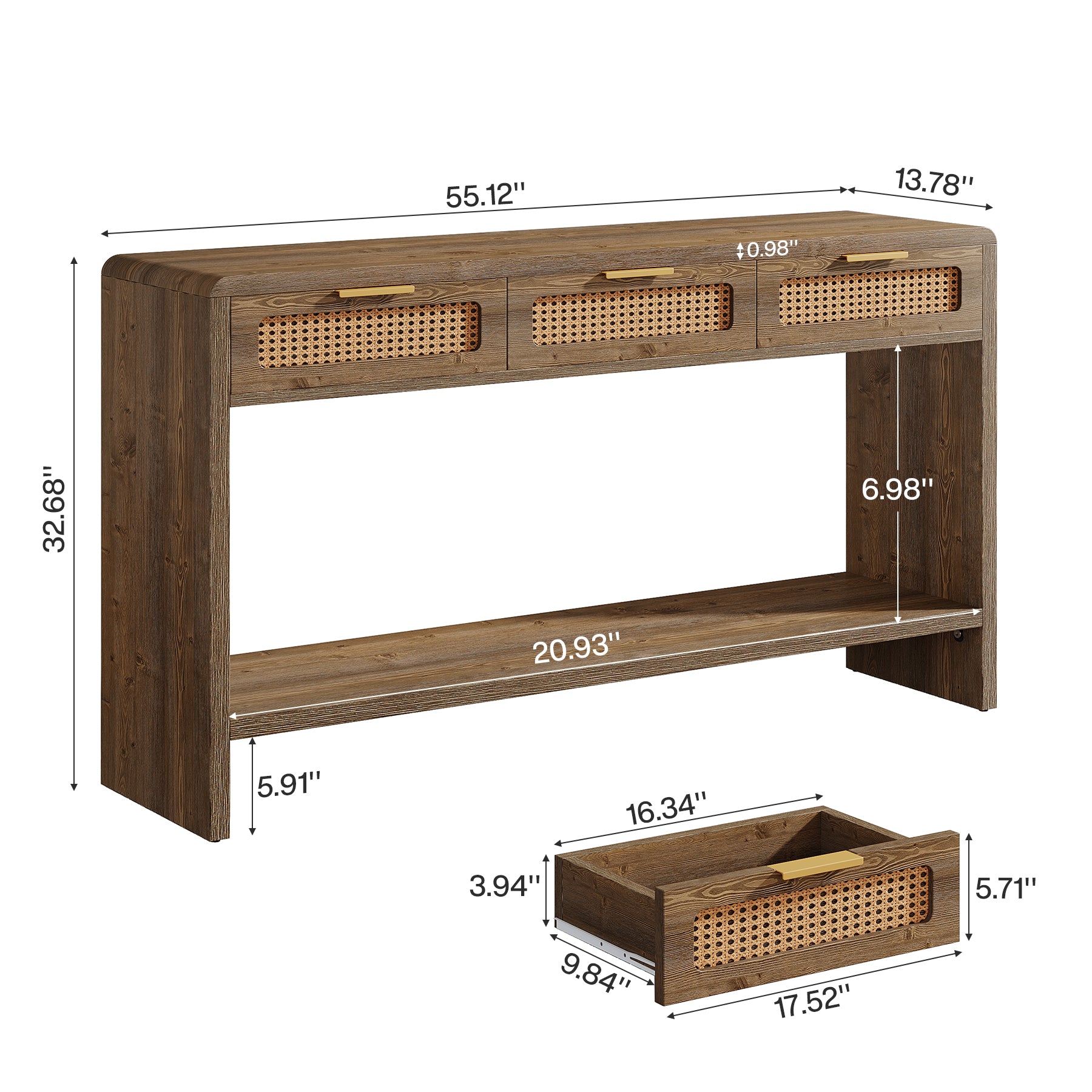 55" Entryway Table, Narrow 2-Tier Sofa Table with 3 Rattan Drawers