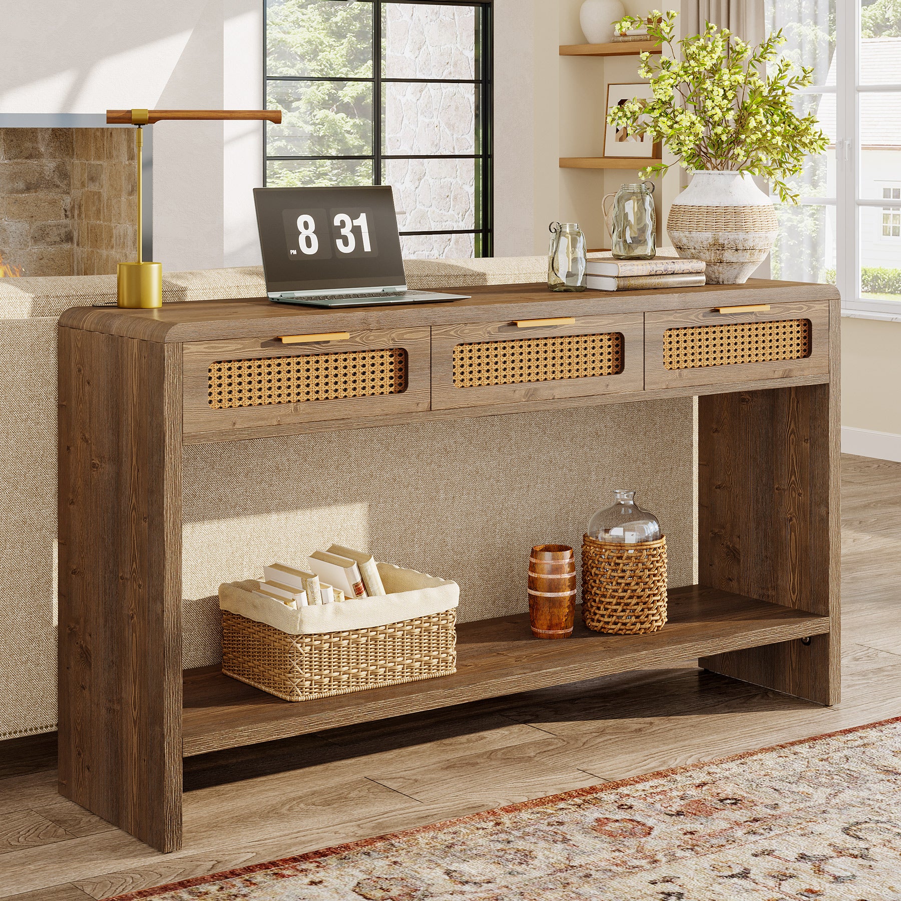 55" Entryway Table, Narrow 2-Tier Sofa Table with 3 Rattan Drawers