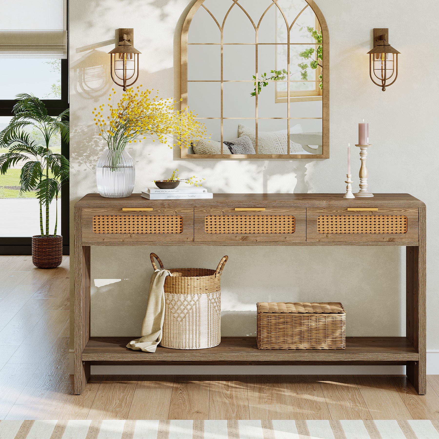 55" Entryway Table, Narrow 2-Tier Sofa Table with 3 Rattan Drawers