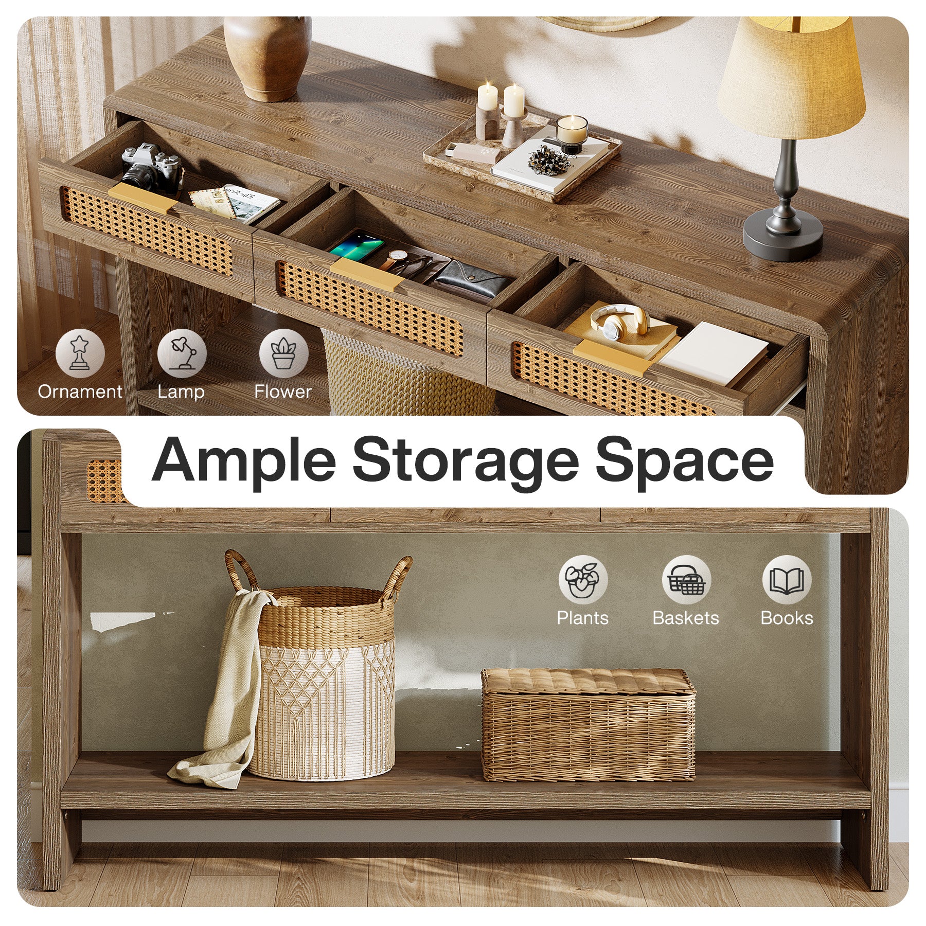 55" Entryway Table, Narrow 2-Tier Sofa Table with 3 Rattan Drawers