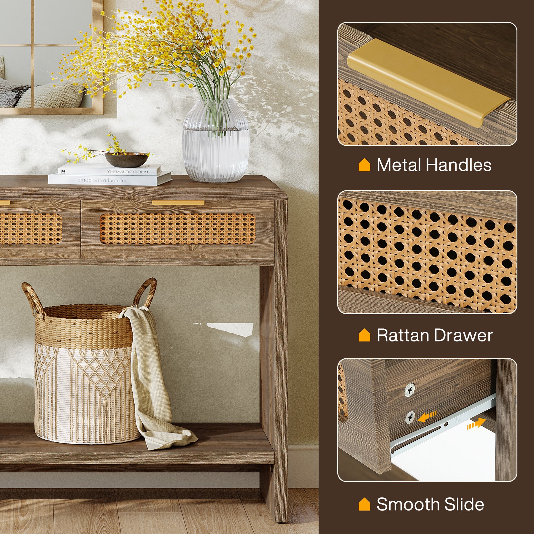 55" Entryway Table, Narrow 2-Tier Sofa Table with 3 Rattan Drawers