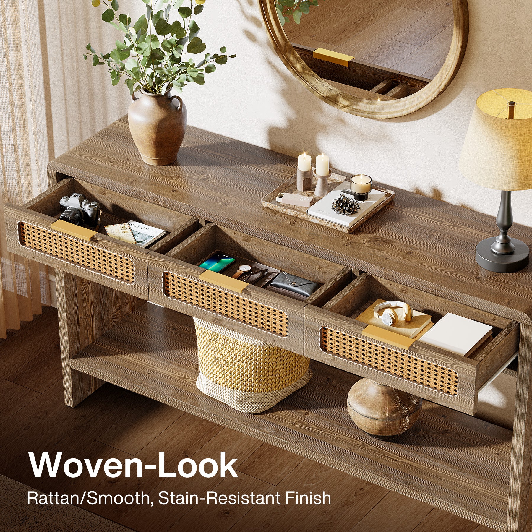 55" Entryway Table, Narrow 2-Tier Sofa Table with 3 Rattan Drawers