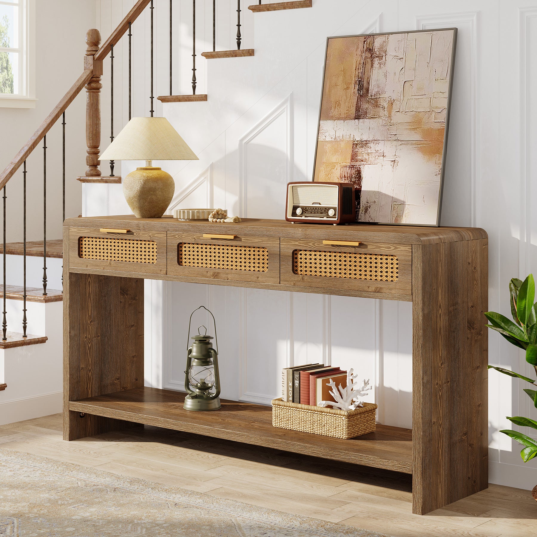 55" Entryway Table, Narrow 2-Tier Sofa Table with 3 Rattan Drawers