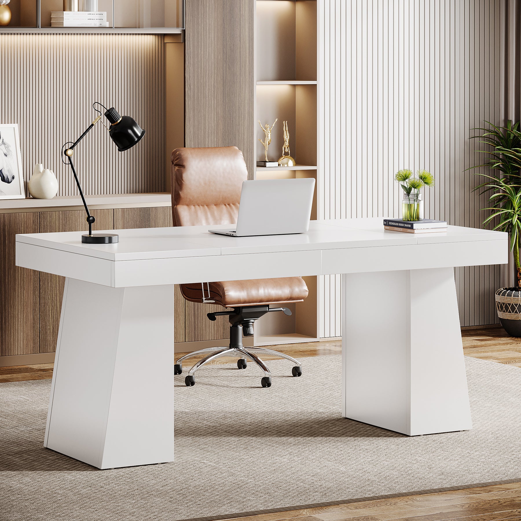 55" Executive Desk, Mid-Century Modern Home Office Computer Desk Workstation