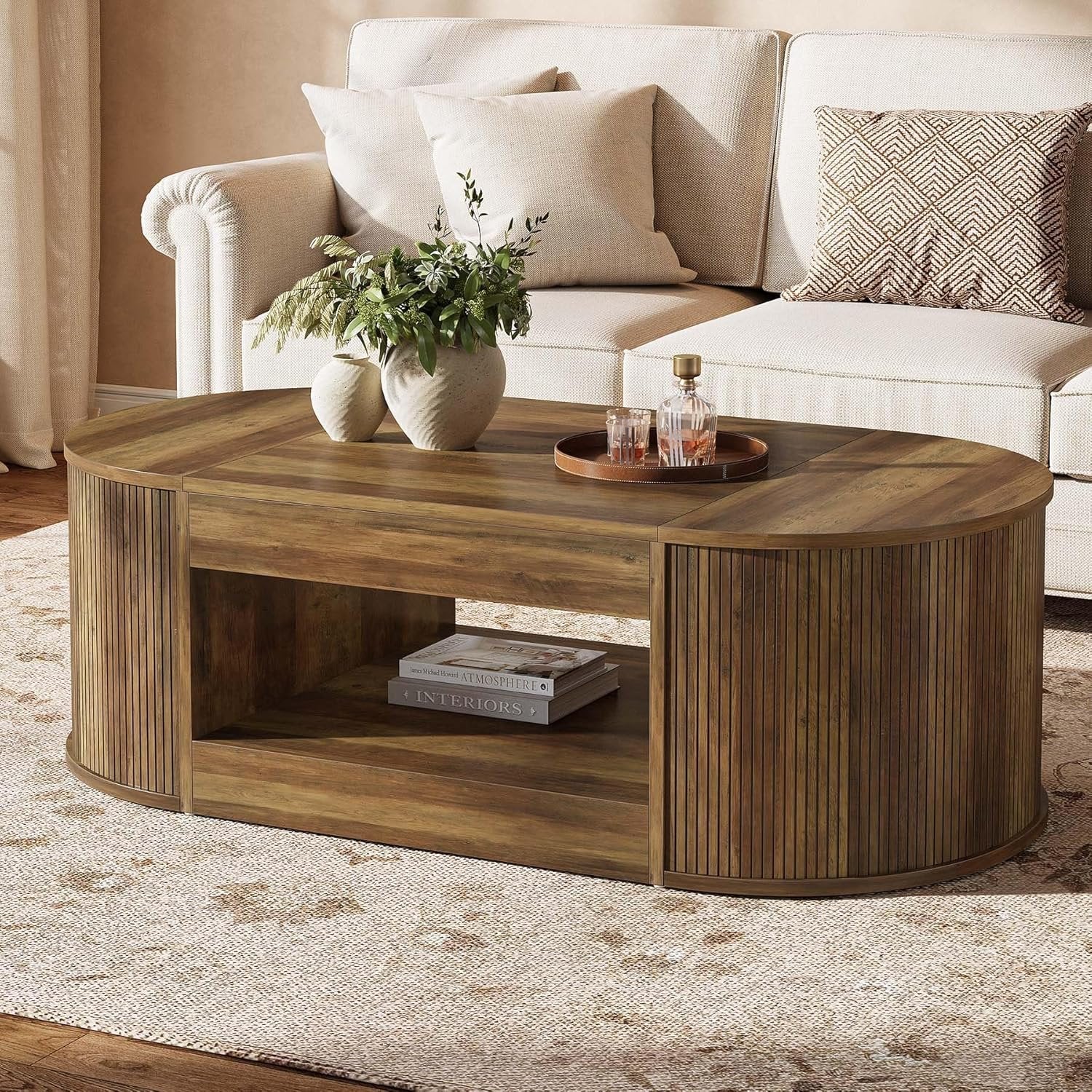 55" Farmhouse Coffee Table, 2-Tier Oval Center Table Tea Table  with Storage