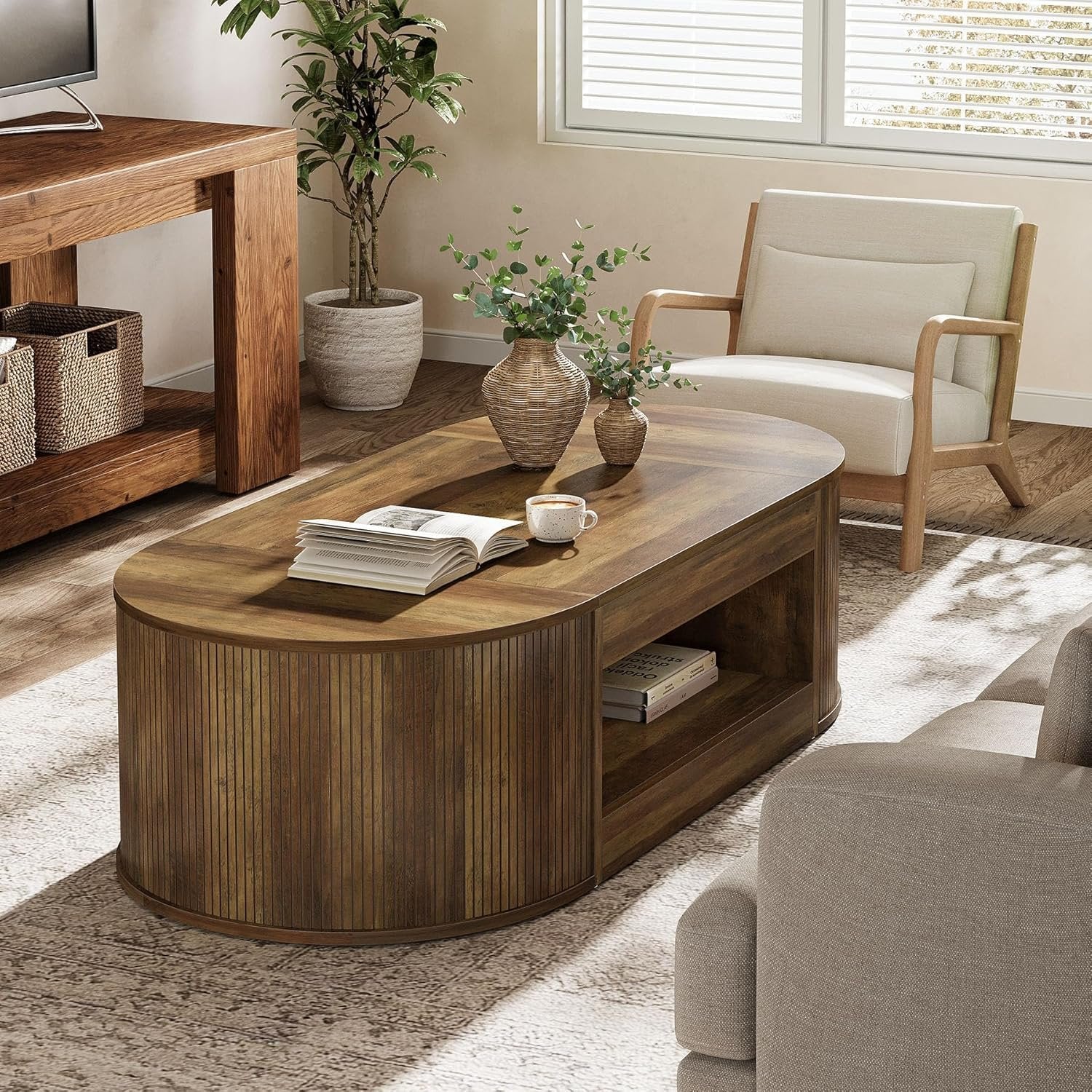 55" Farmhouse Coffee Table, 2-Tier Oval Center Table Tea Table  with Storage