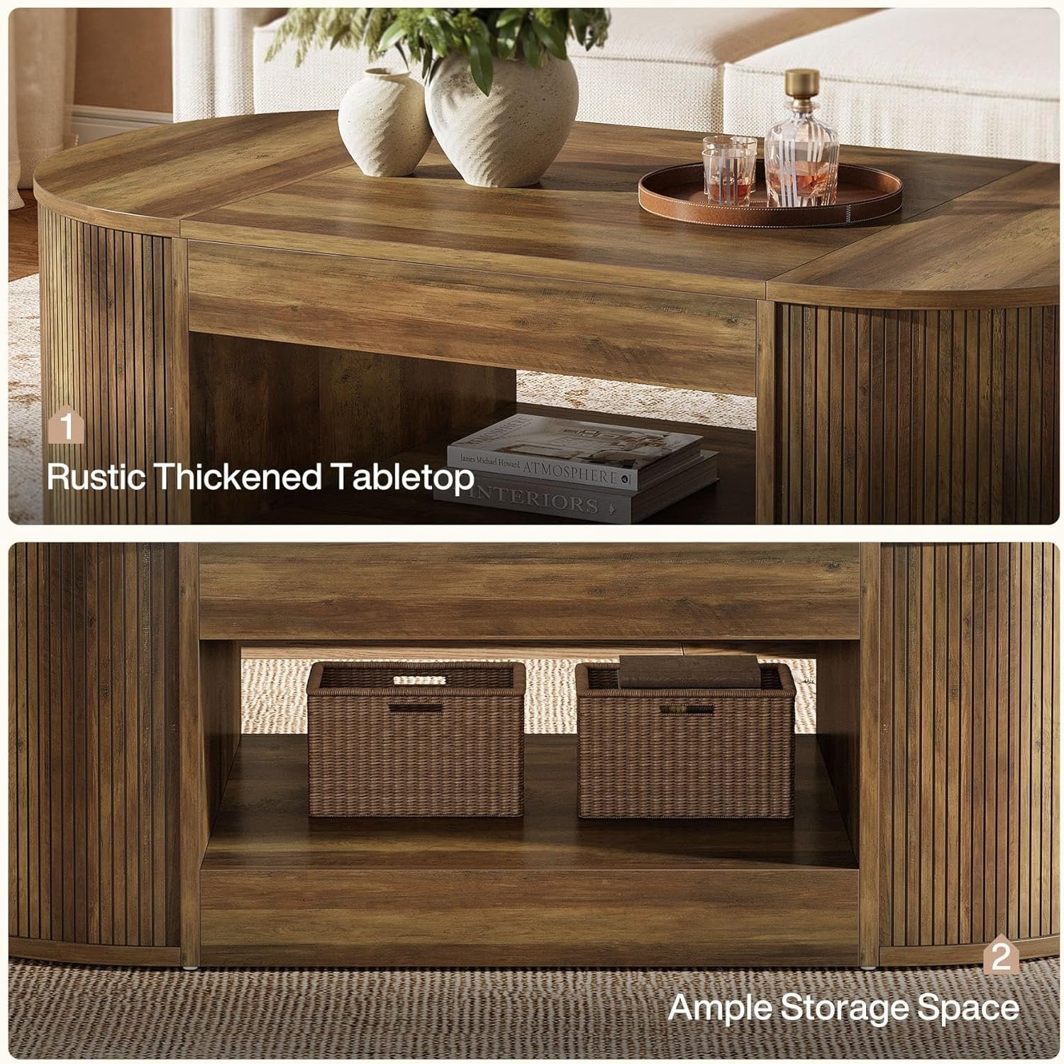 55" Farmhouse Coffee Table, 2-Tier Oval Center Table Tea Table  with Storage