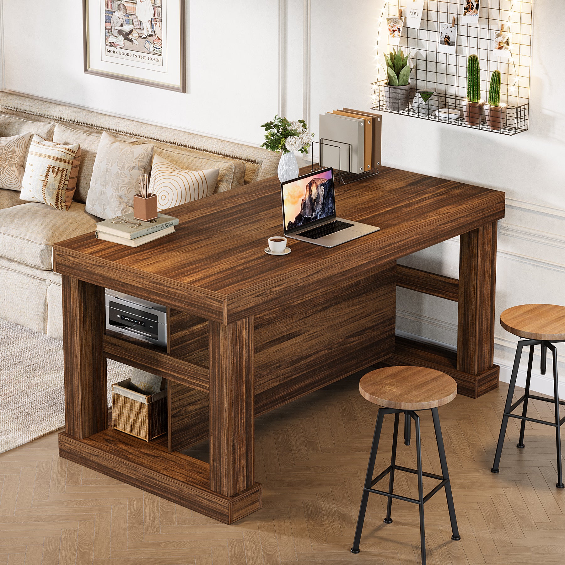 55" Home Bar Unit, 3-Tier Pub Table Liquor Cabinet with Storage Shelves