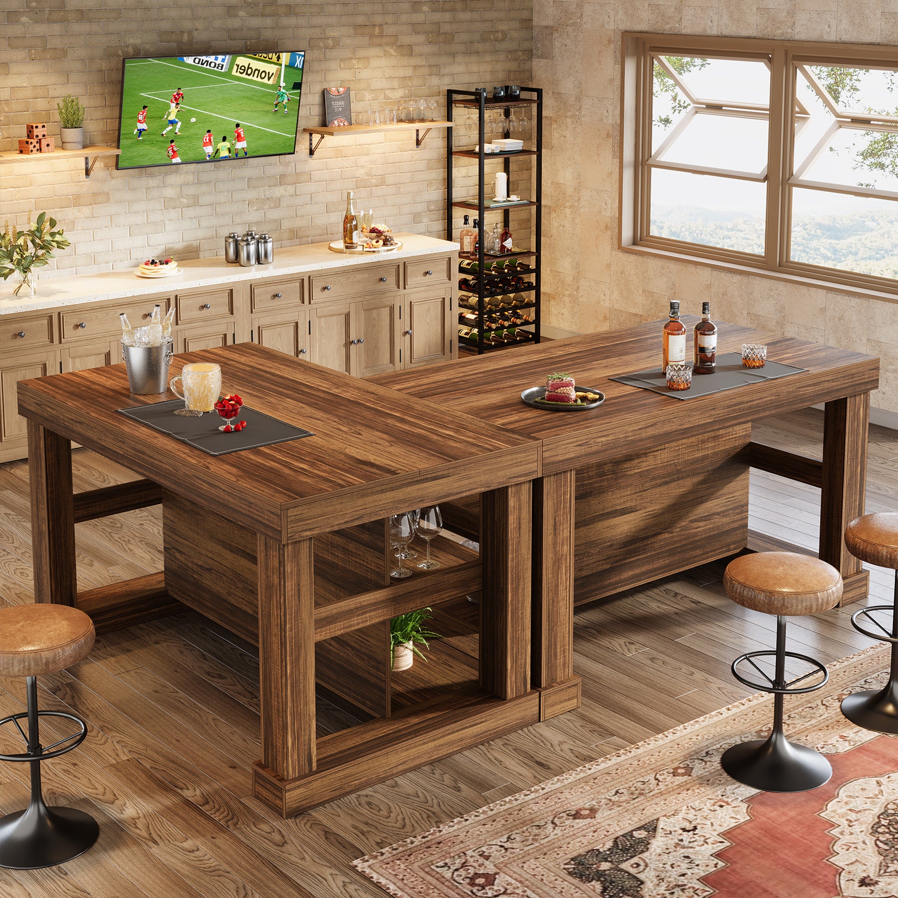 55" Home Bar Unit, 3-Tier Pub Table Liquor Cabinet with Storage Shelves