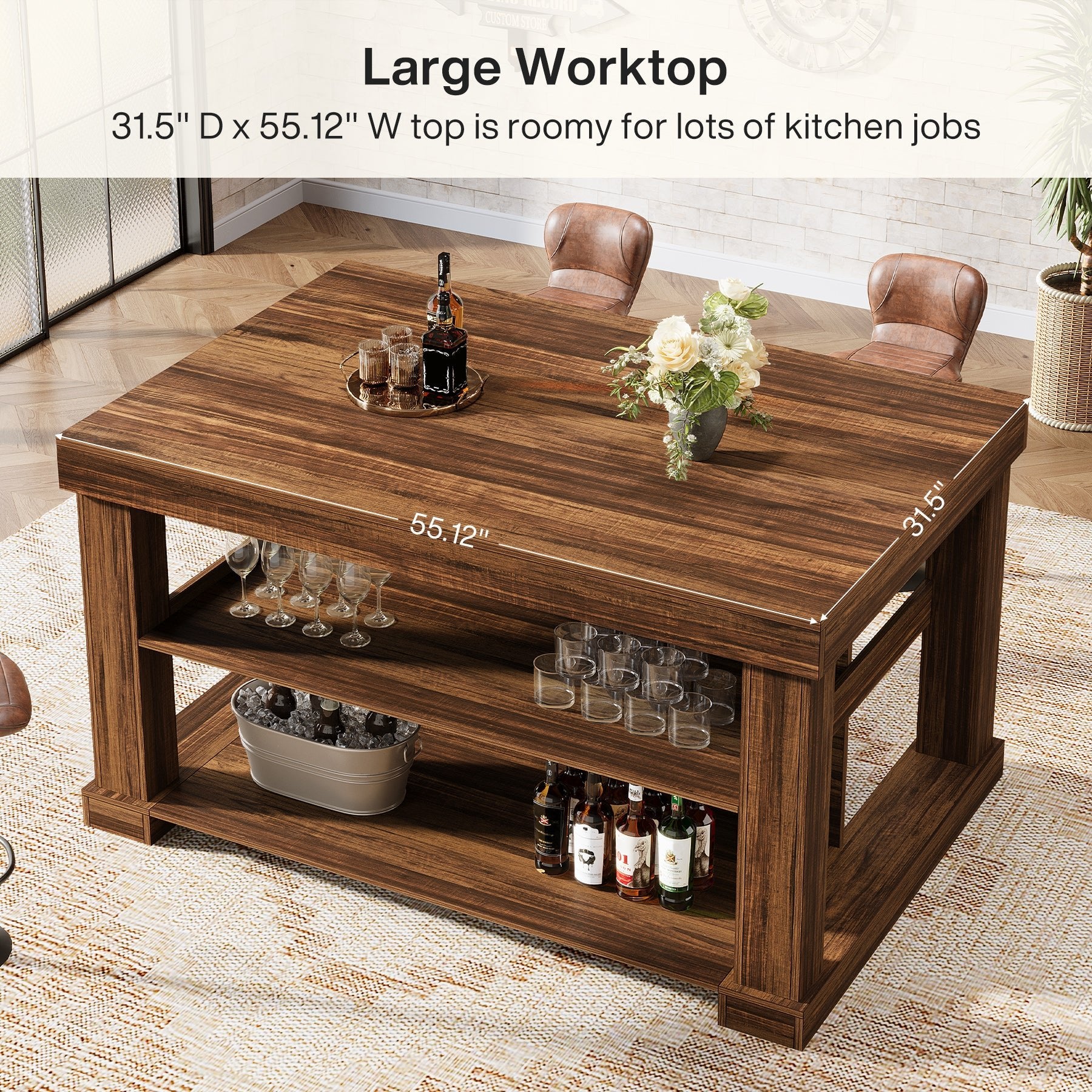 55" Home Bar Unit, 3-Tier Pub Table Liquor Cabinet with Storage Shelves