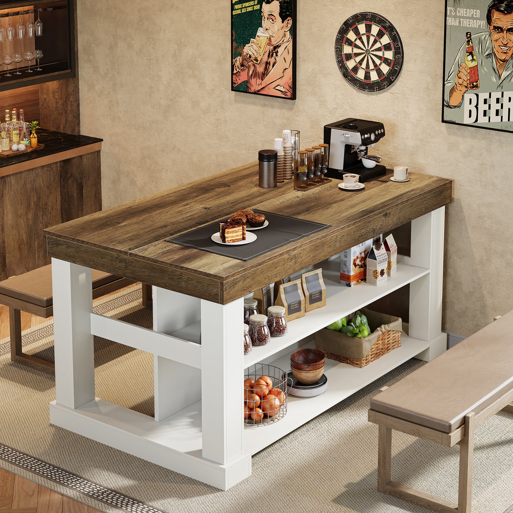 55" Home Bar Unit, 3-Tier Pub Table Liquor Cabinet with Storage Shelves