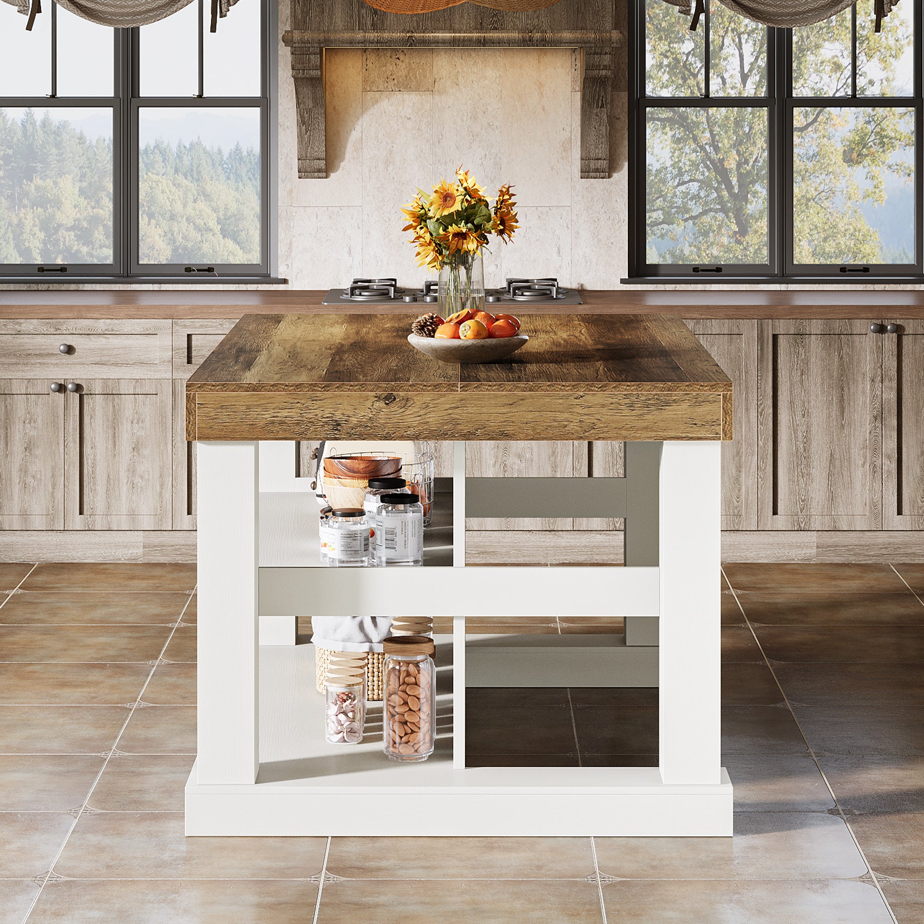 55" Home Bar Unit, 3-Tier Pub Table Liquor Cabinet with Storage Shelves