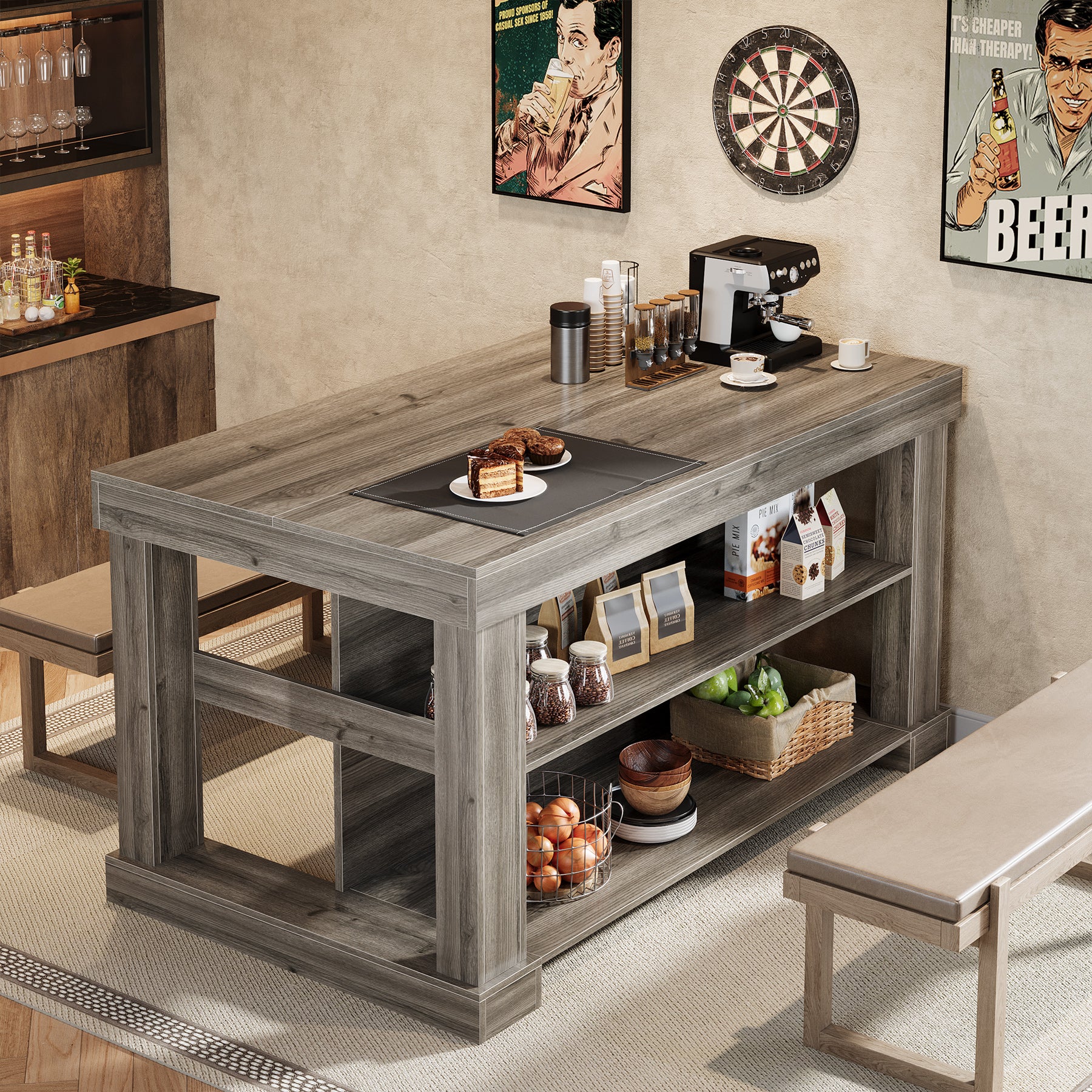 55" Home Bar Unit, 3-Tier Pub Table Liquor Cabinet with Storage Shelves