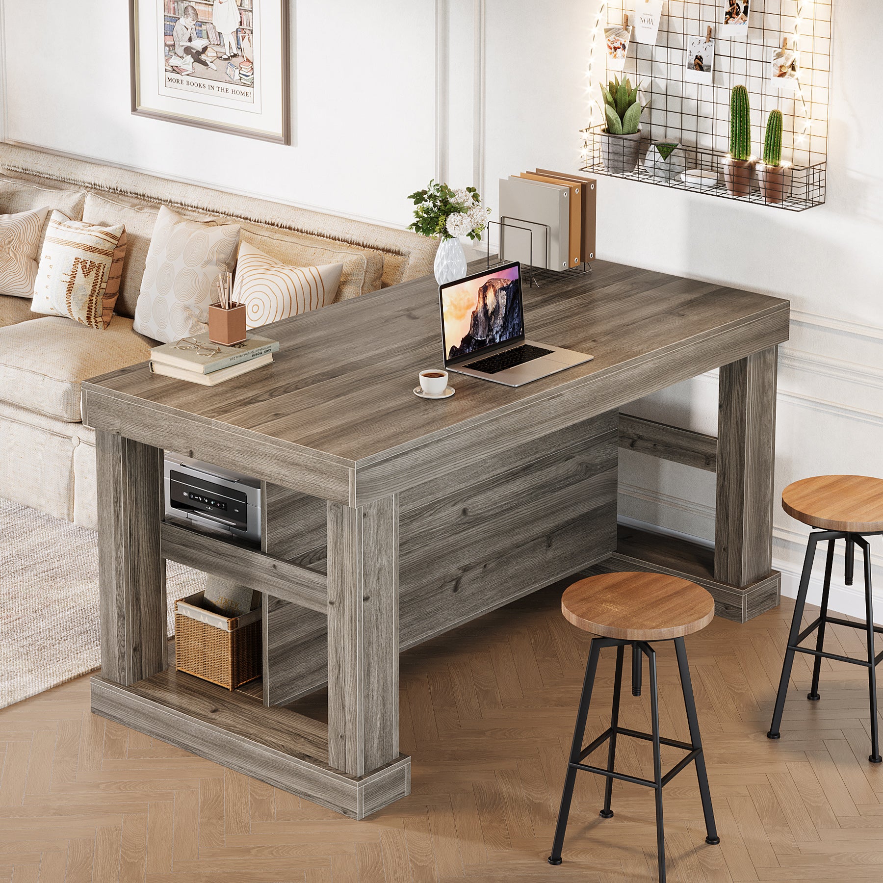55" Home Bar Unit, 3-Tier Pub Table Liquor Cabinet with Storage Shelves