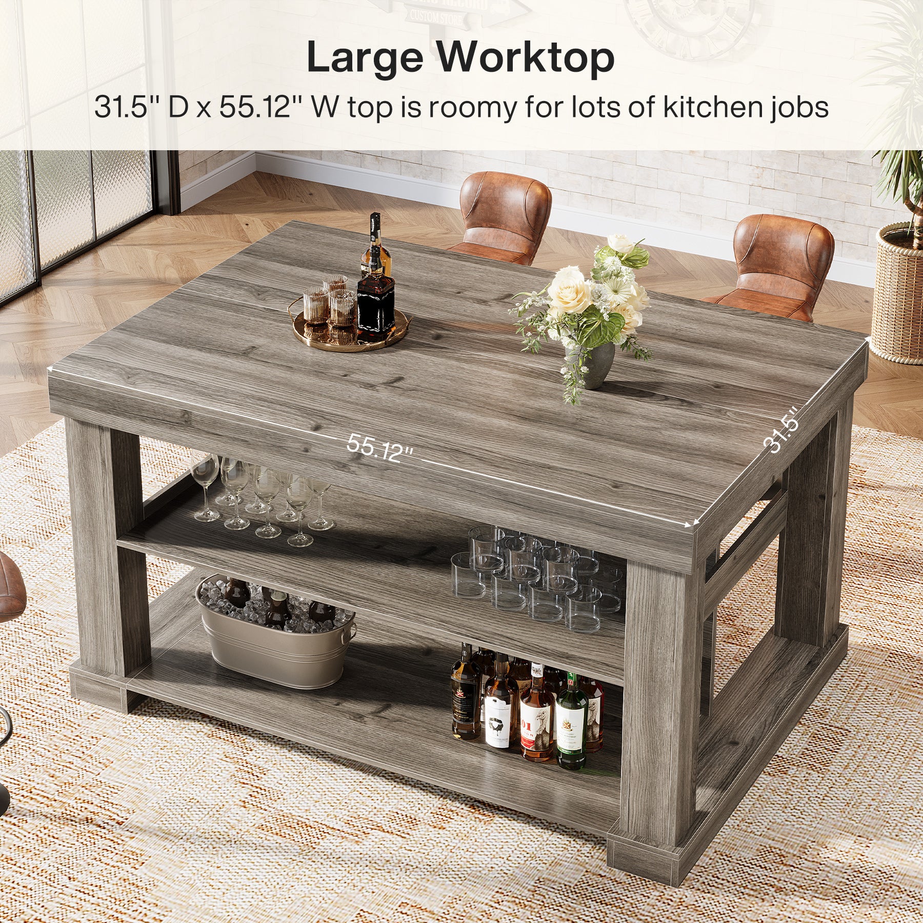 55" Home Bar Unit, 3-Tier Pub Table Liquor Cabinet with Storage Shelves