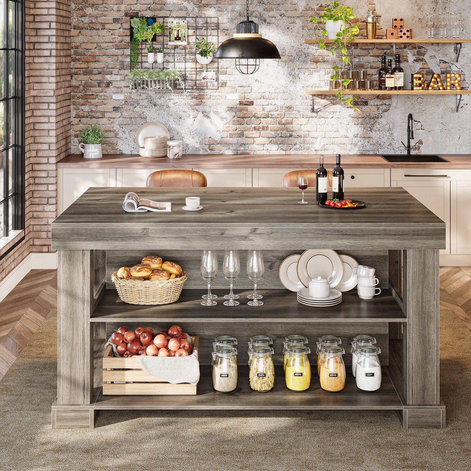 55" Home Bar Unit, 3-Tier Pub Table Liquor Cabinet with Storage Shelves