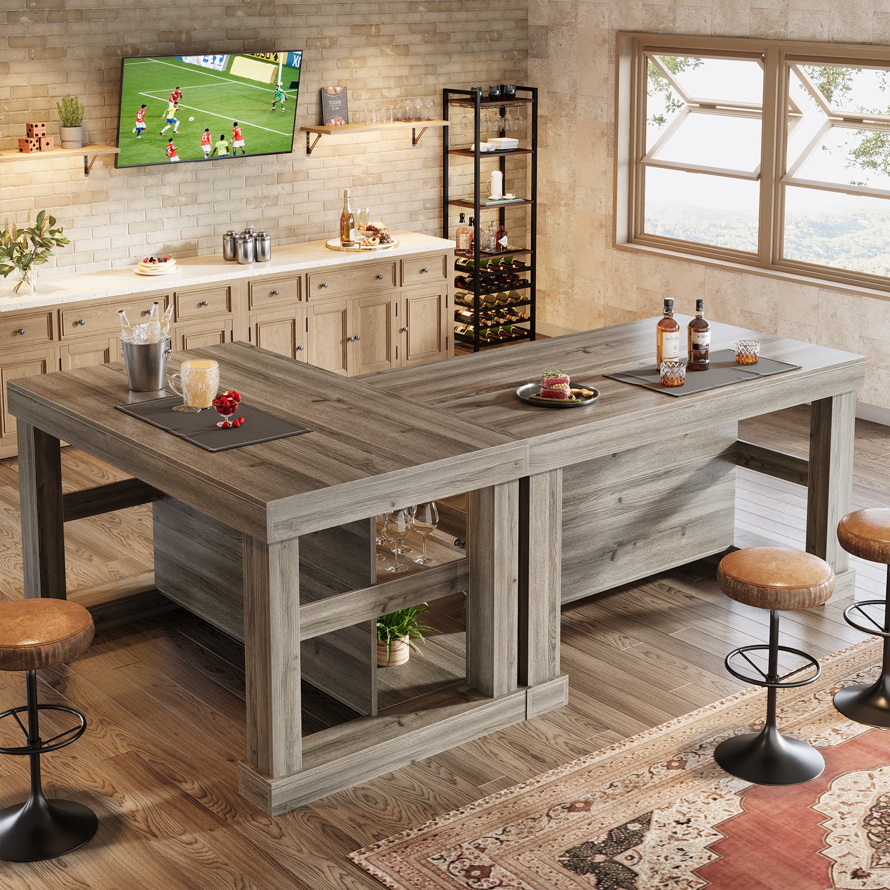 55" Home Bar Unit, 3-Tier Pub Table Liquor Cabinet with Storage Shelves