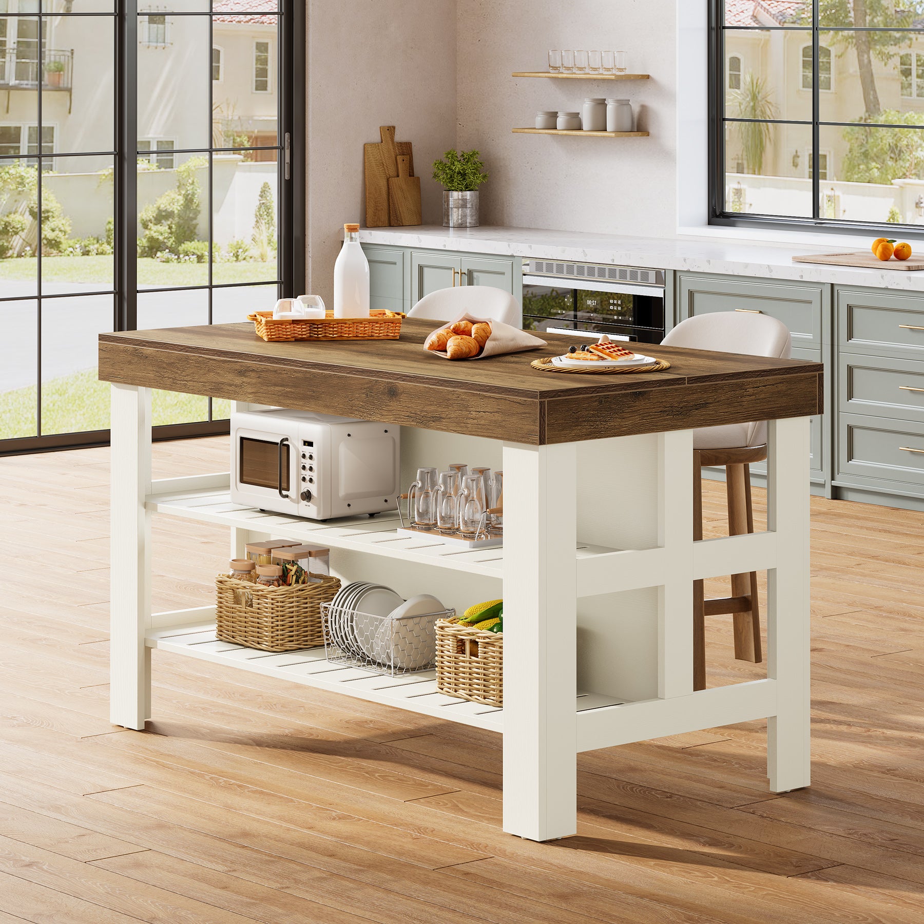 55" Kitchen Island, Breakfast Counter with Seating and Storage Shelves