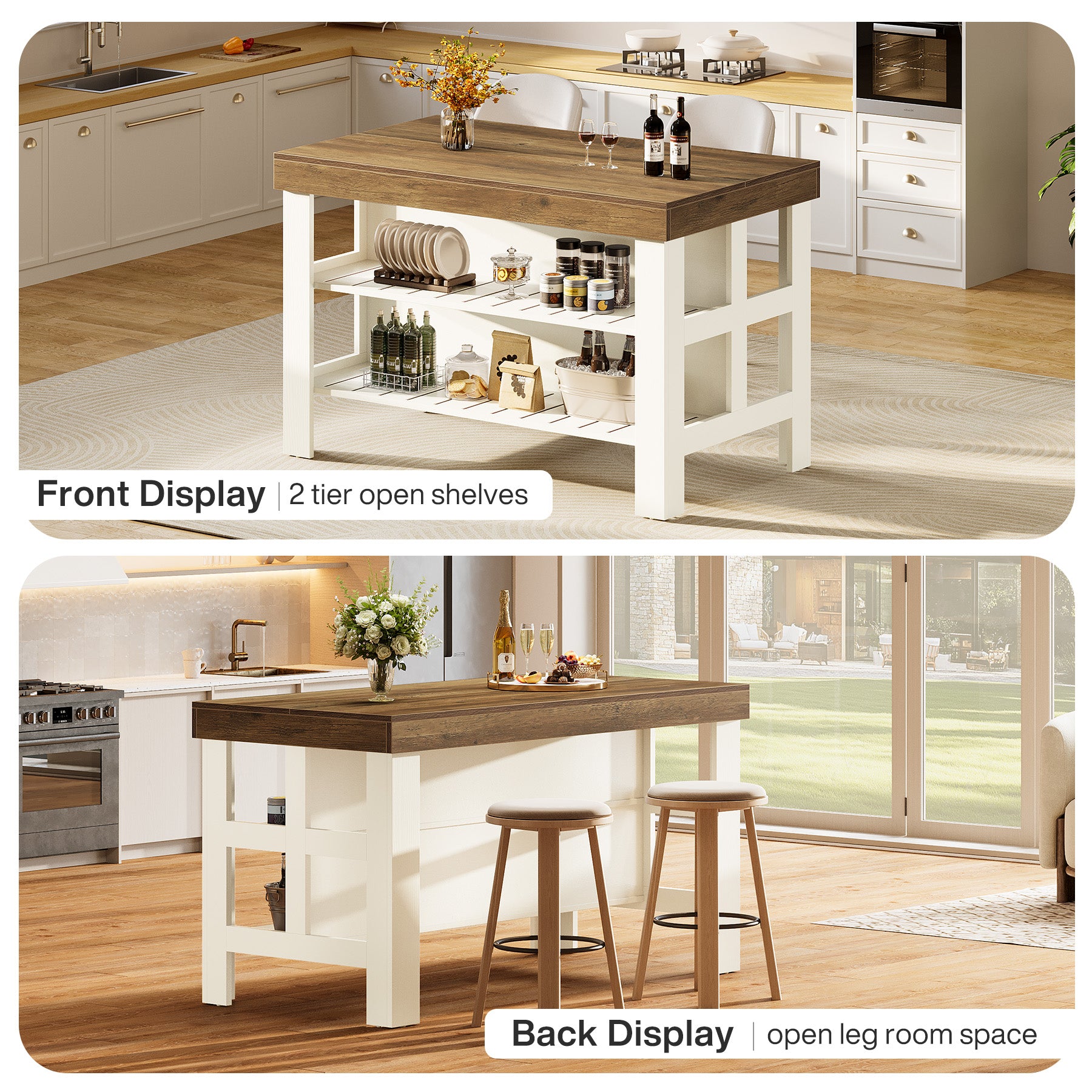 55" Kitchen Island, Breakfast Counter with Seating and Storage Shelves