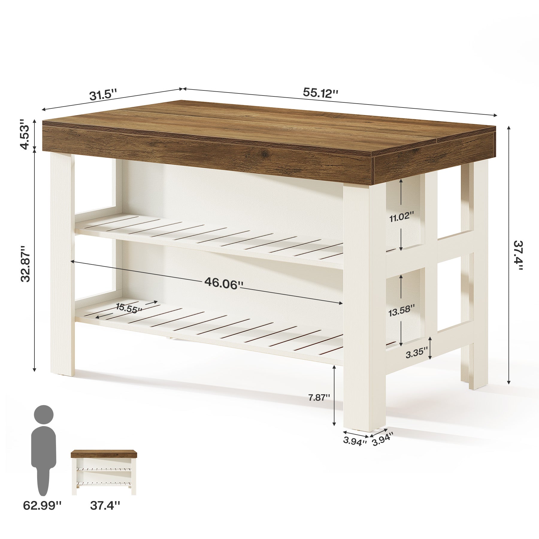55" Kitchen Island, Breakfast Counter with Seating and Storage Shelves
