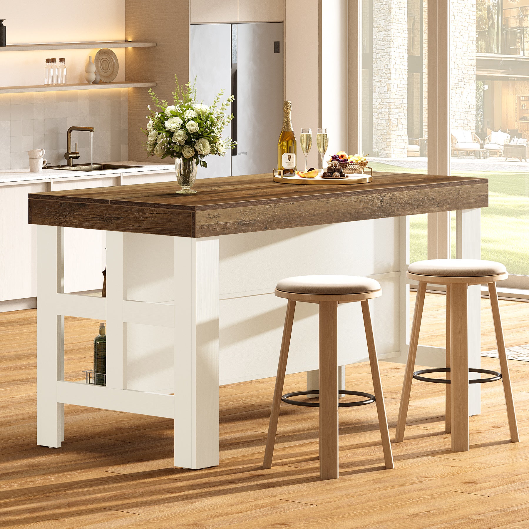 55" Kitchen Island, Breakfast Counter with Seating and Storage Shelves