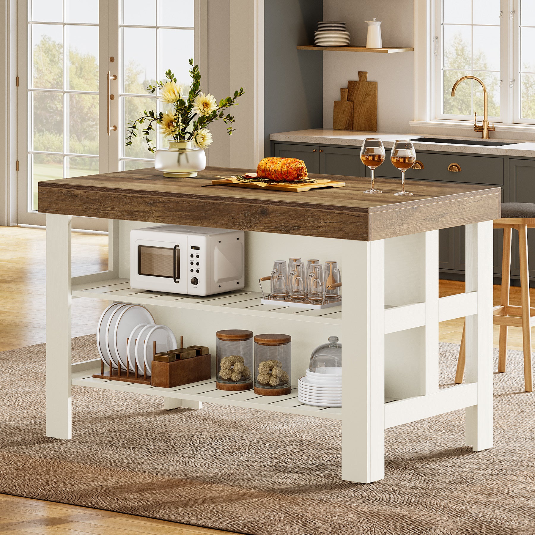 55" Kitchen Island, Breakfast Counter with Seating and Storage Shelves