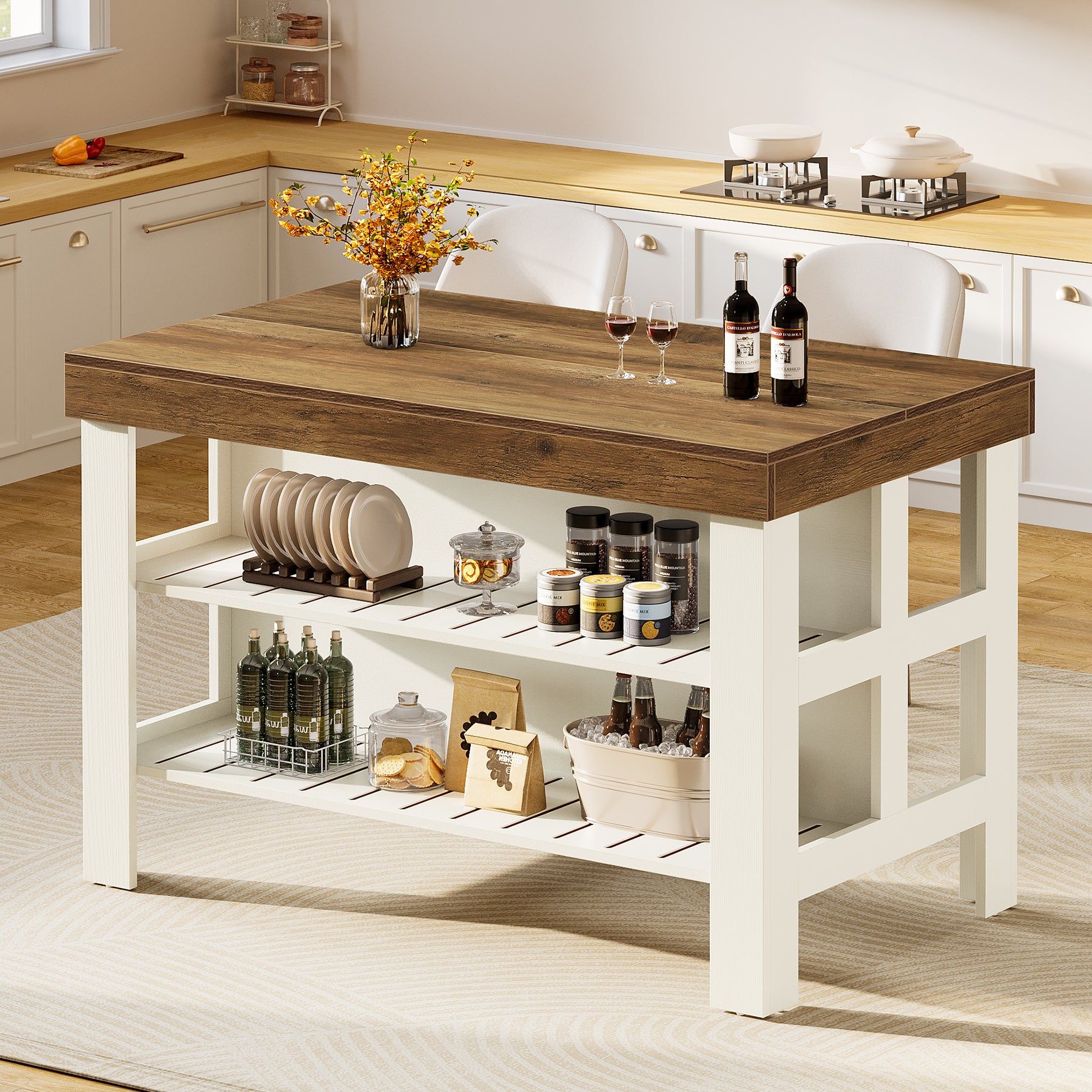 55" Kitchen Island, Breakfast Counter with Seating and Storage Shelves