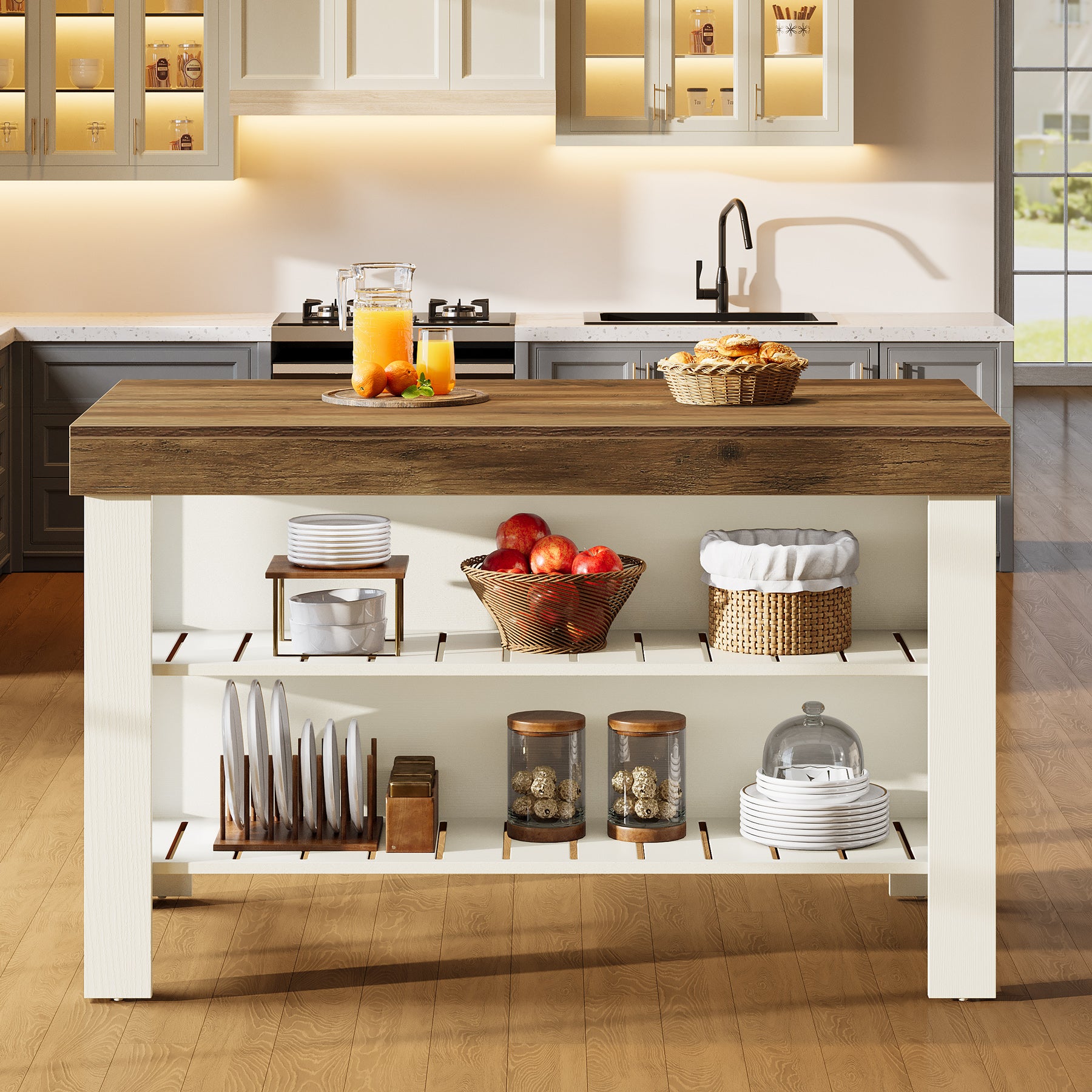 55" Kitchen Island, Breakfast Counter with Seating and Storage Shelves