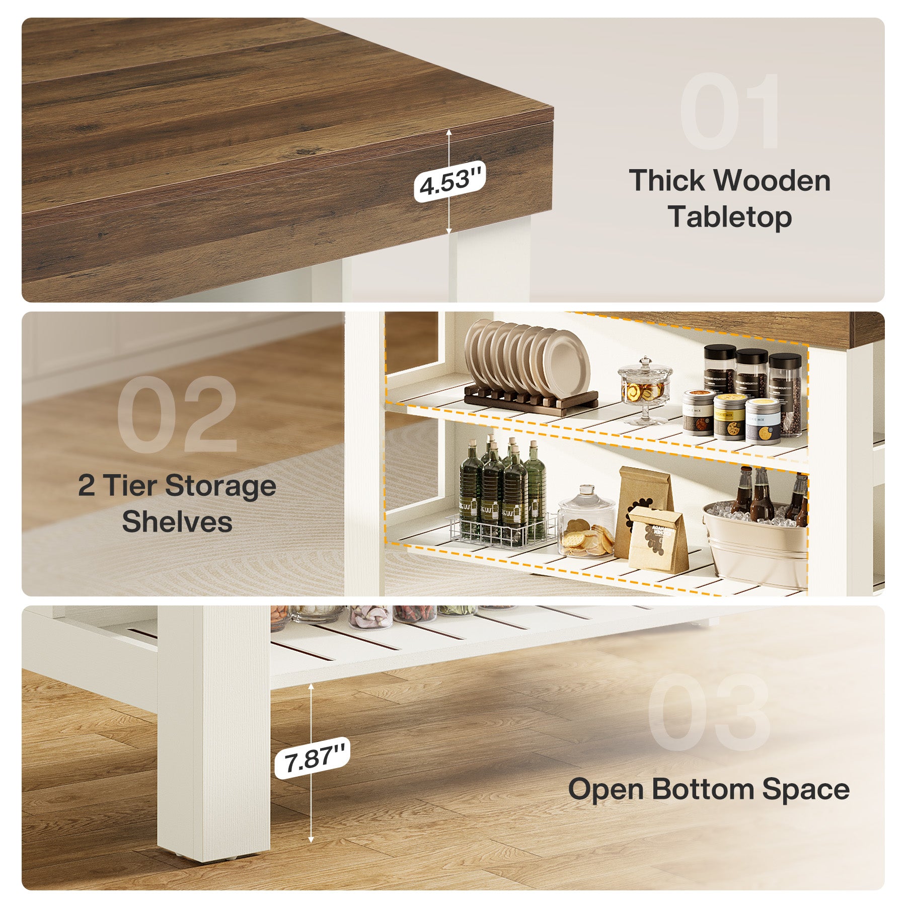 55" Kitchen Island, Breakfast Counter with Seating and Storage Shelves