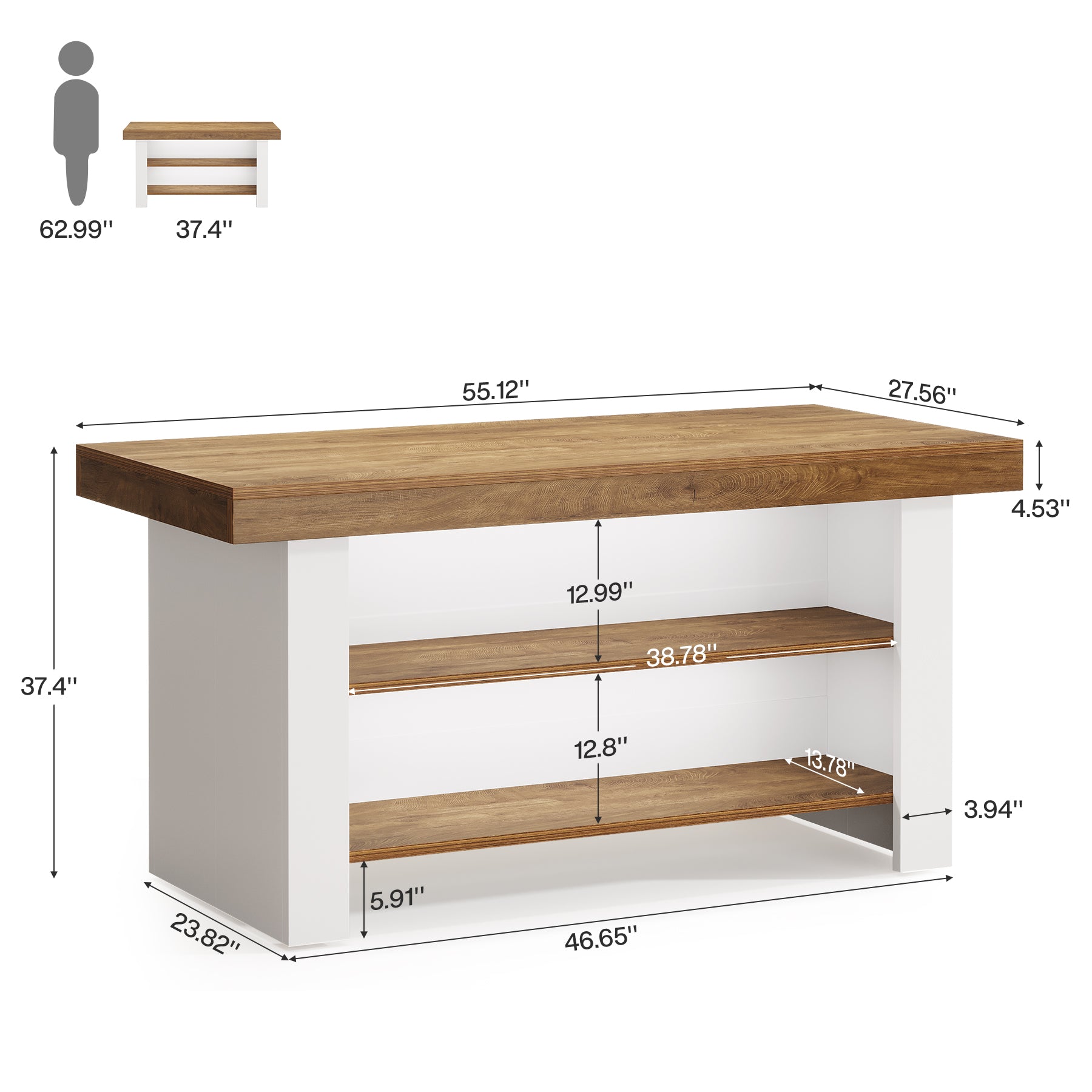 55" Kitchen Island, Farmhouse Center Island with 2 Tier Storage