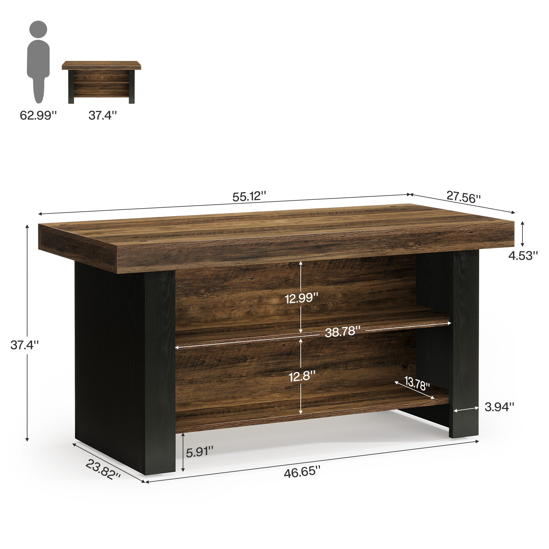 55" Kitchen Island, Farmhouse Center Island with 2 Tier Storage