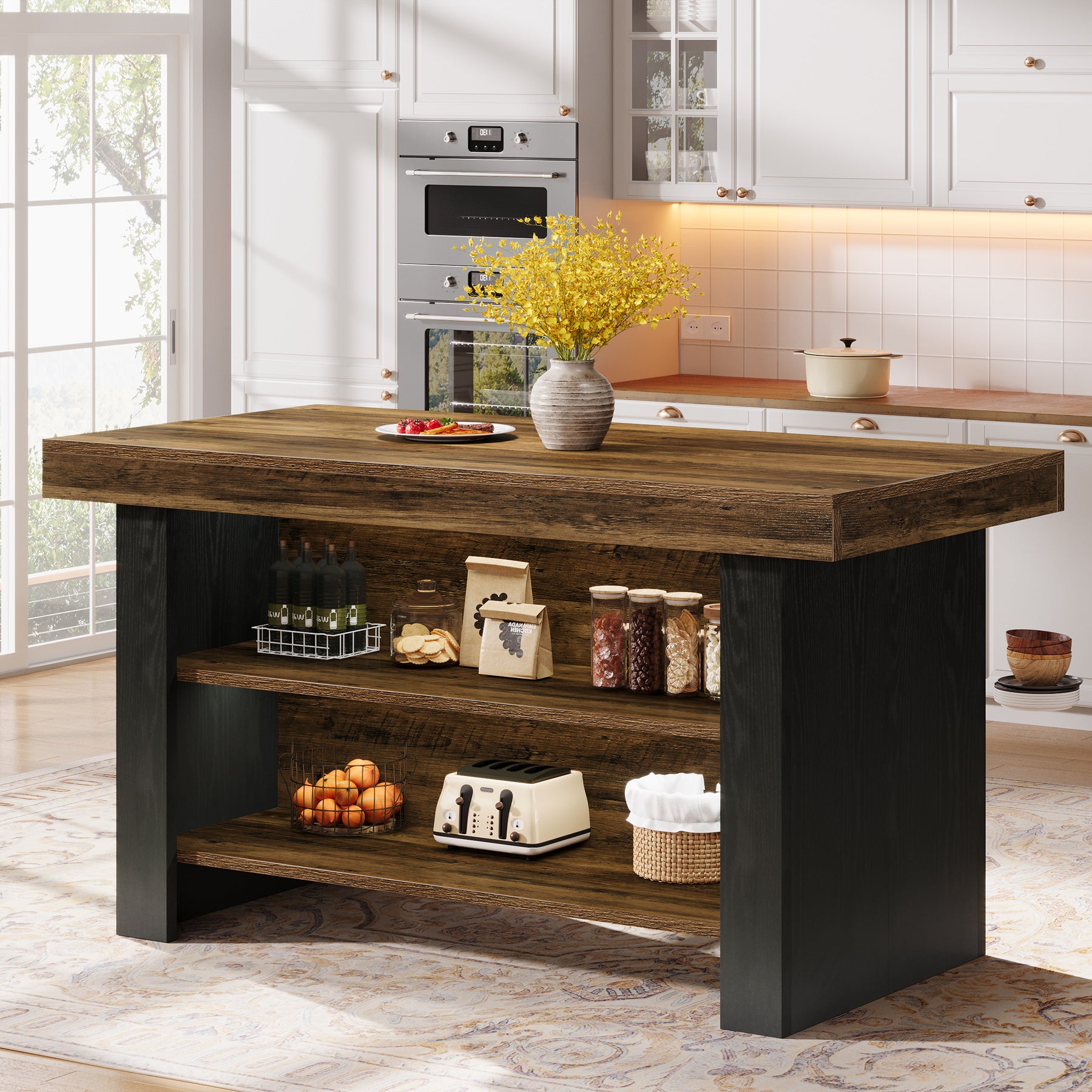 55" Kitchen Island, Farmhouse Center Island with 2 Tier Storage