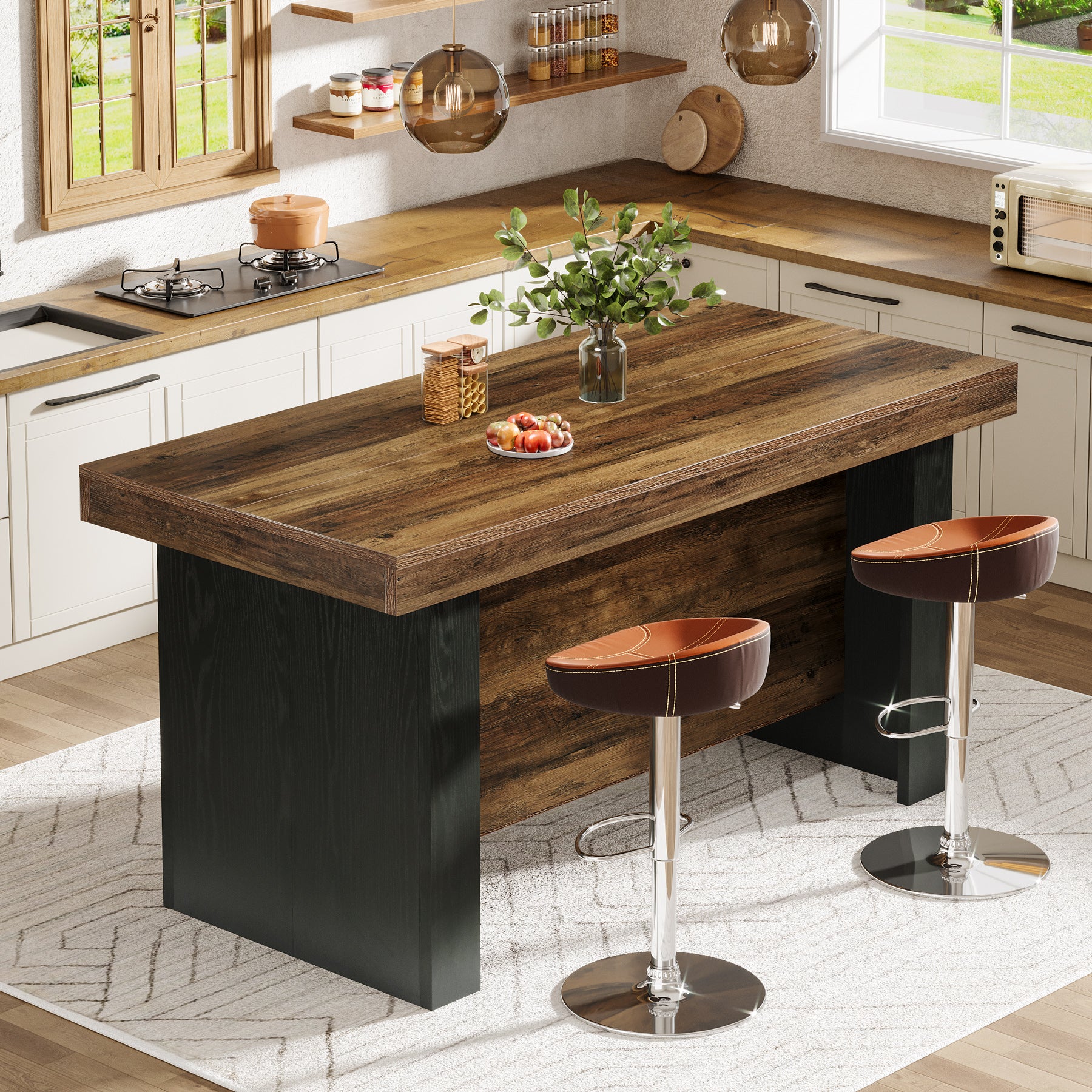 55" Kitchen Island, Farmhouse Center Island with 2 Tier Storage